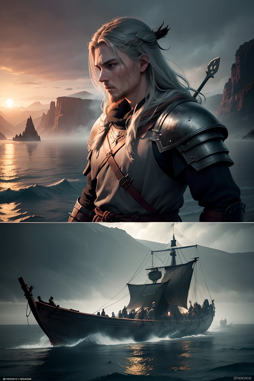 "Create a 4K ultra-realistic image of an ancient Viking-style boat sailing on the open sea, shrouded in dense, enveloping fog. The boat should be intricately detailed, with authentic Viking design elements. Inside the boat, depict fierce and battle-worn warriors, their faces and armor reflecting the toll of recent combat. The fog should be so thick that it obscures the horizon, creating an eerie and mysterious atmosphere. Ensure that the lighting and details convey the sense of a perilous journey and the aftermath of a battle. Capture the haunting beauty and danger of this scene."