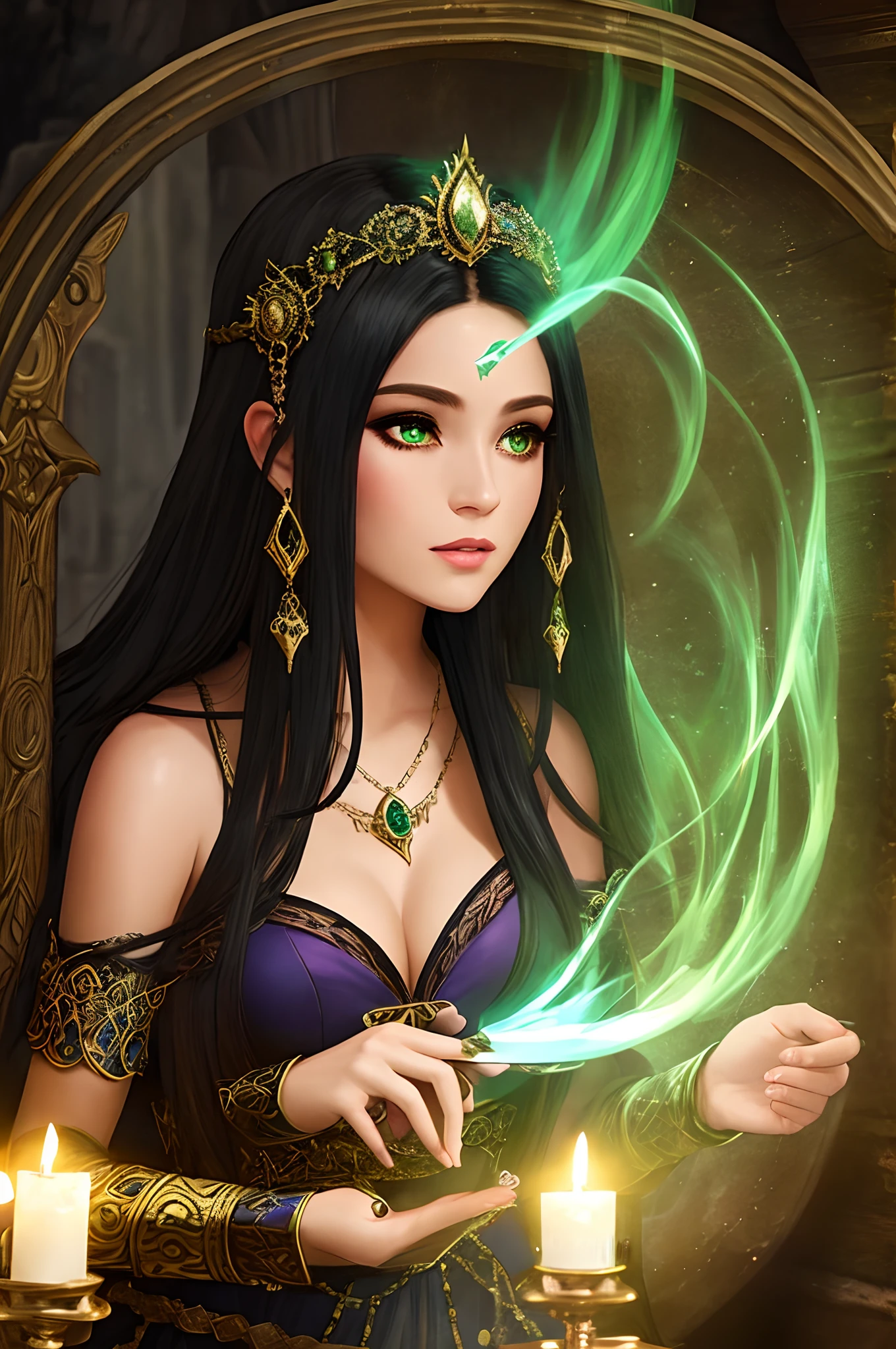 A mysterious and alluring sorceress, with ebony hair and piercing green eyes, conjuring spells and potions in a dimly lit chamber.