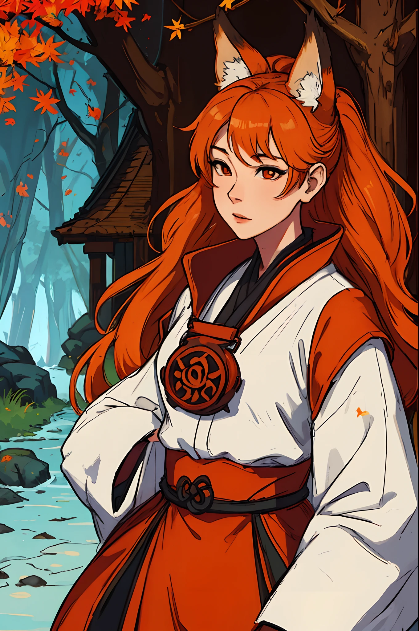 Closeup of an adult mature woman with features and expressions of age 30 years old she has orange hair is a kitsune wearing oriental clothes in an autumn forest a character illustration for rpg a medieval art brush oriental clothes and fox ears white skin like a european