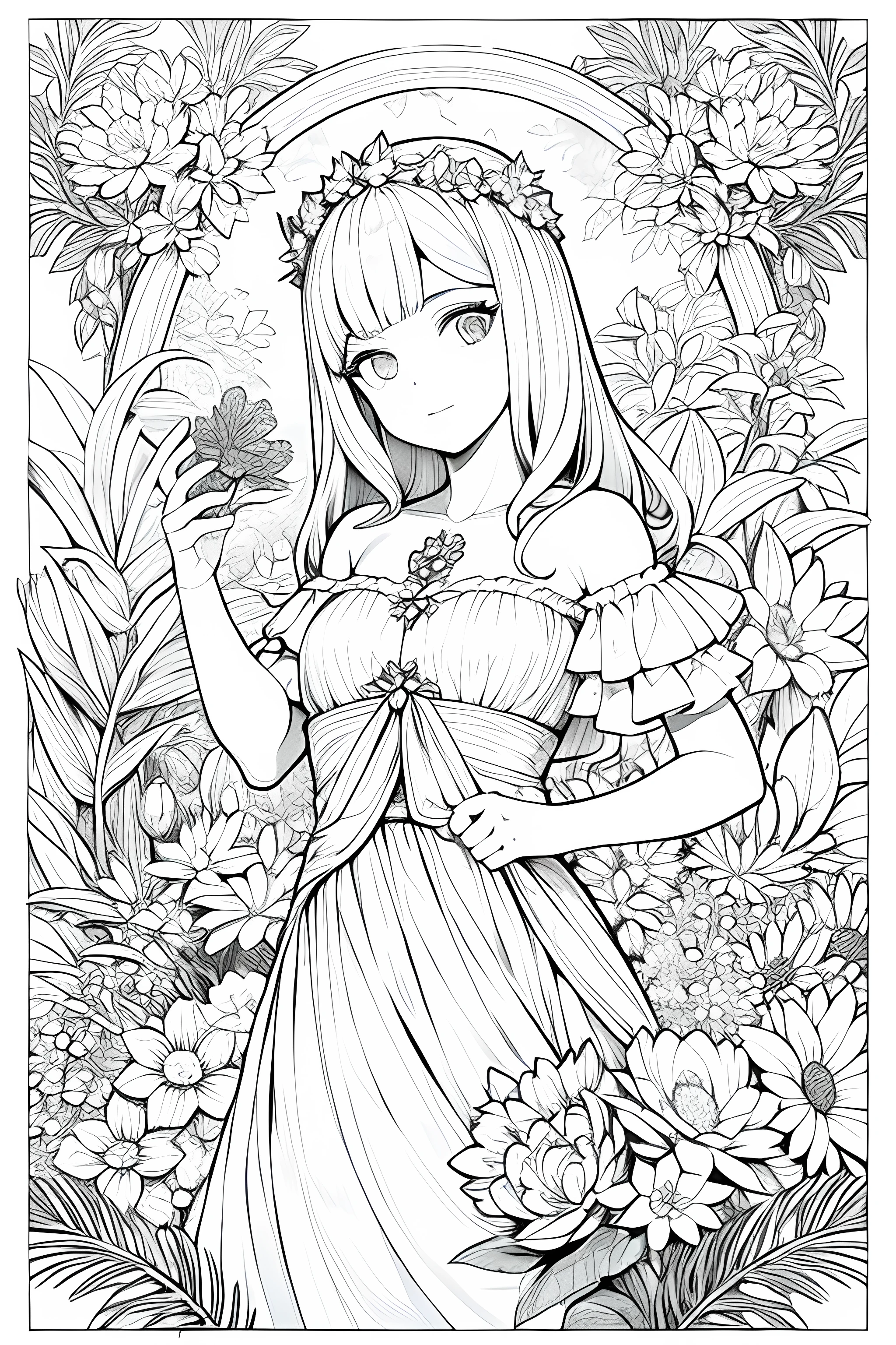Mulher em uma floresta , primeiro plano, com arte de linha, monocromatic
