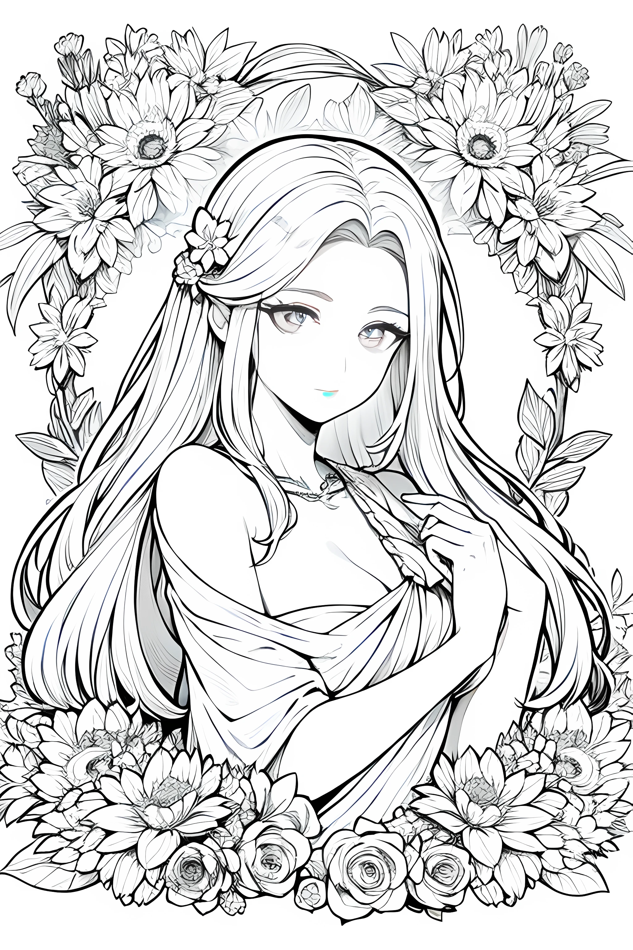 Mulher em uma floresta , primeiro plano, com arte de linha, monocromatic