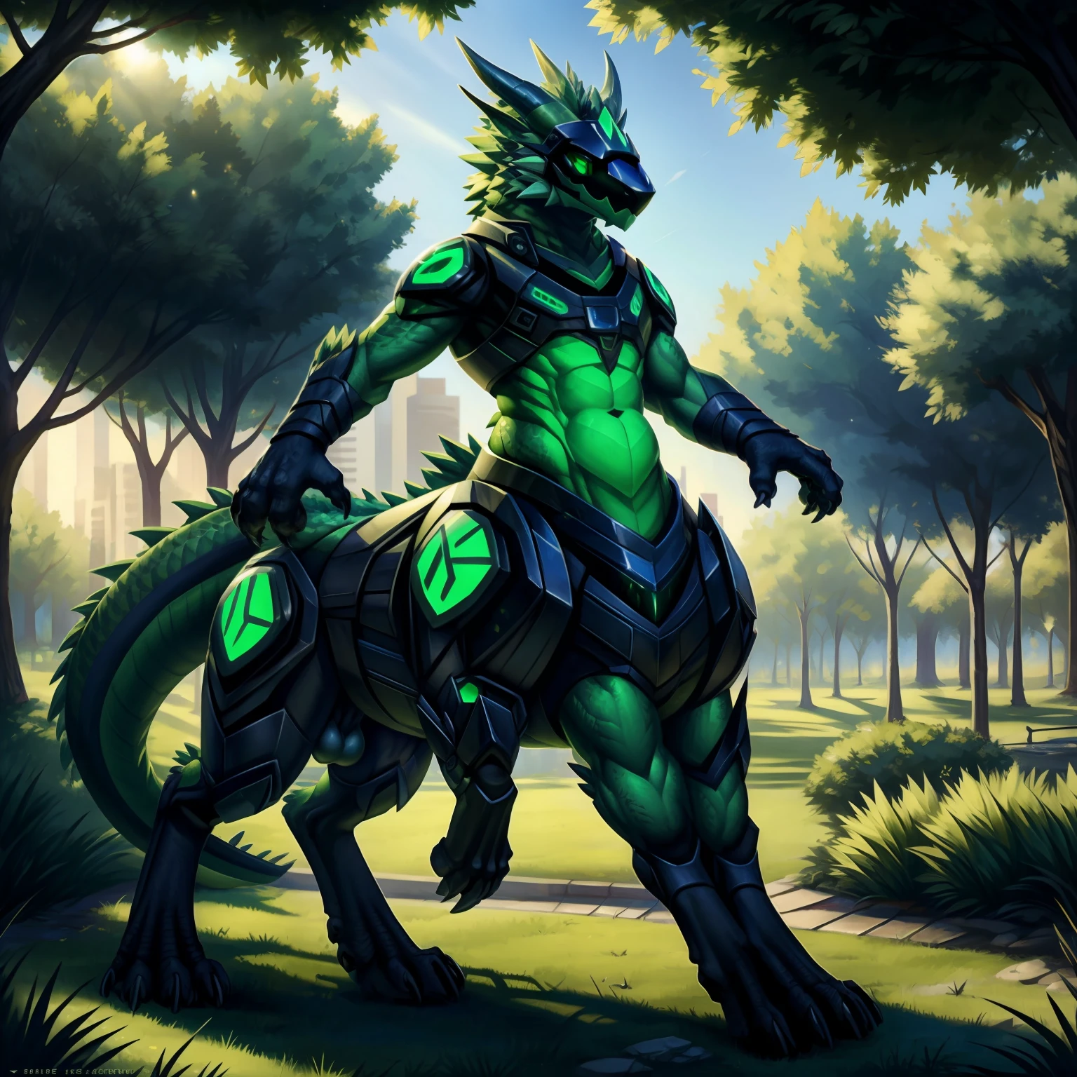 (masterpiece:1.2, best quality:1.2, 2D:1.2, sharp:1.2), (hotify), perfect anatomy, perfect eyes, perfect background, (solo, full body shot), (morning_environment), (park), beautiful shadows and lights, volumetric lights, dragonborn, taur, protogen visor, protogen face, tail, paws, claws, horns, green fur with blue and green elements on body, green eyes, deep green skin, nsfw, huge ass, massive penis, erection, massive testicles, testicles, male, exposed stomach