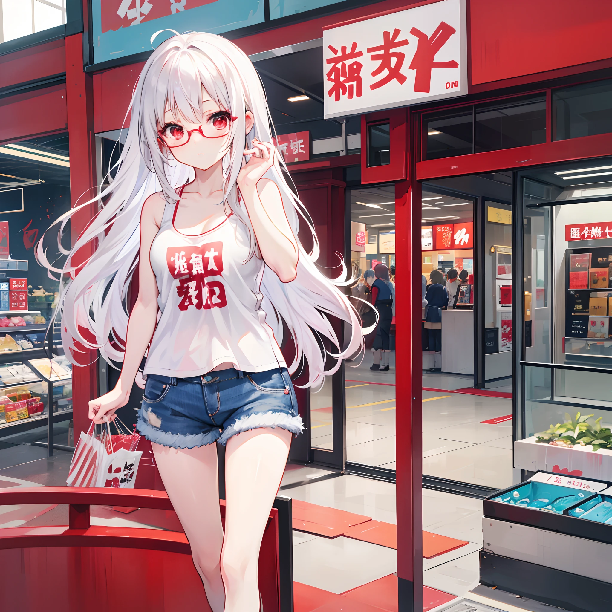 Anime, cute girl, japanese, petite, long white hair, ruby red eyes, kaguya, glasses, tank top, denim shots, shopping mall, single person