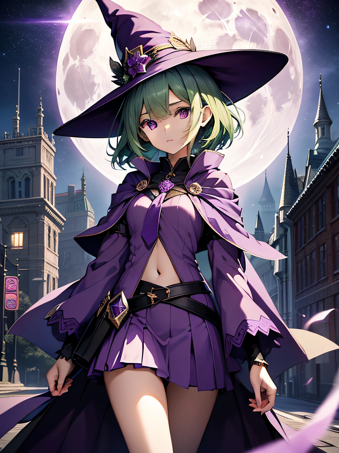 top-quality、extremely delicate and beautiful、(A girl)、Purple Eye、Green hair、short-haired、(purple witch hat)、Purple tie、Soio、shortsleeves、Purple skirt、Purple Wizard Robe、Navel、is standing、Full moon night on background