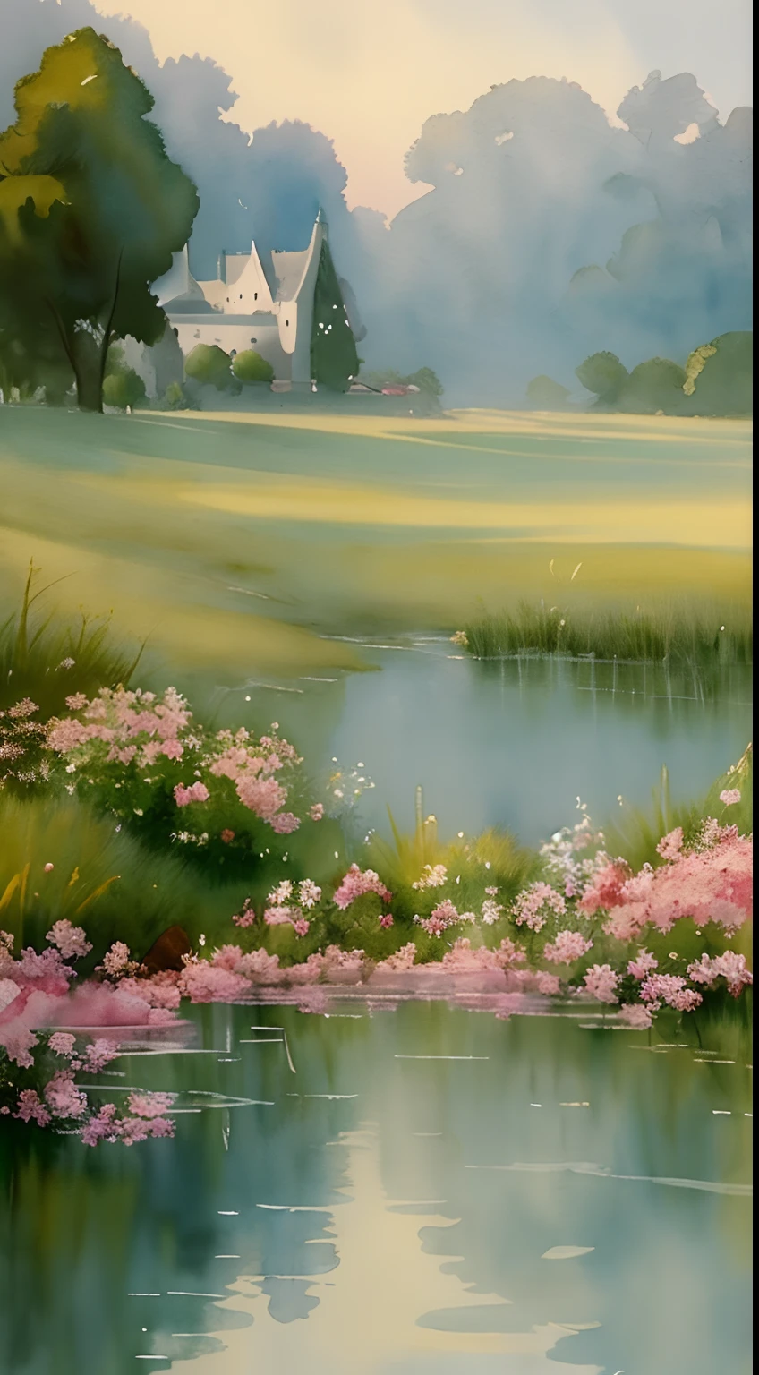 (Watercolor in Sargent style)、(top-quality、masterpiece)、Soft light、Bibblies Swan Hotel painted on a foggy morning、、Create an ethereal scene in a calm morning misty meadow。Draw delicate and blurry brushwork、Capture the elusive nature of fog、Enhance the serene atmosphere of the countryside、place々flower bloom、