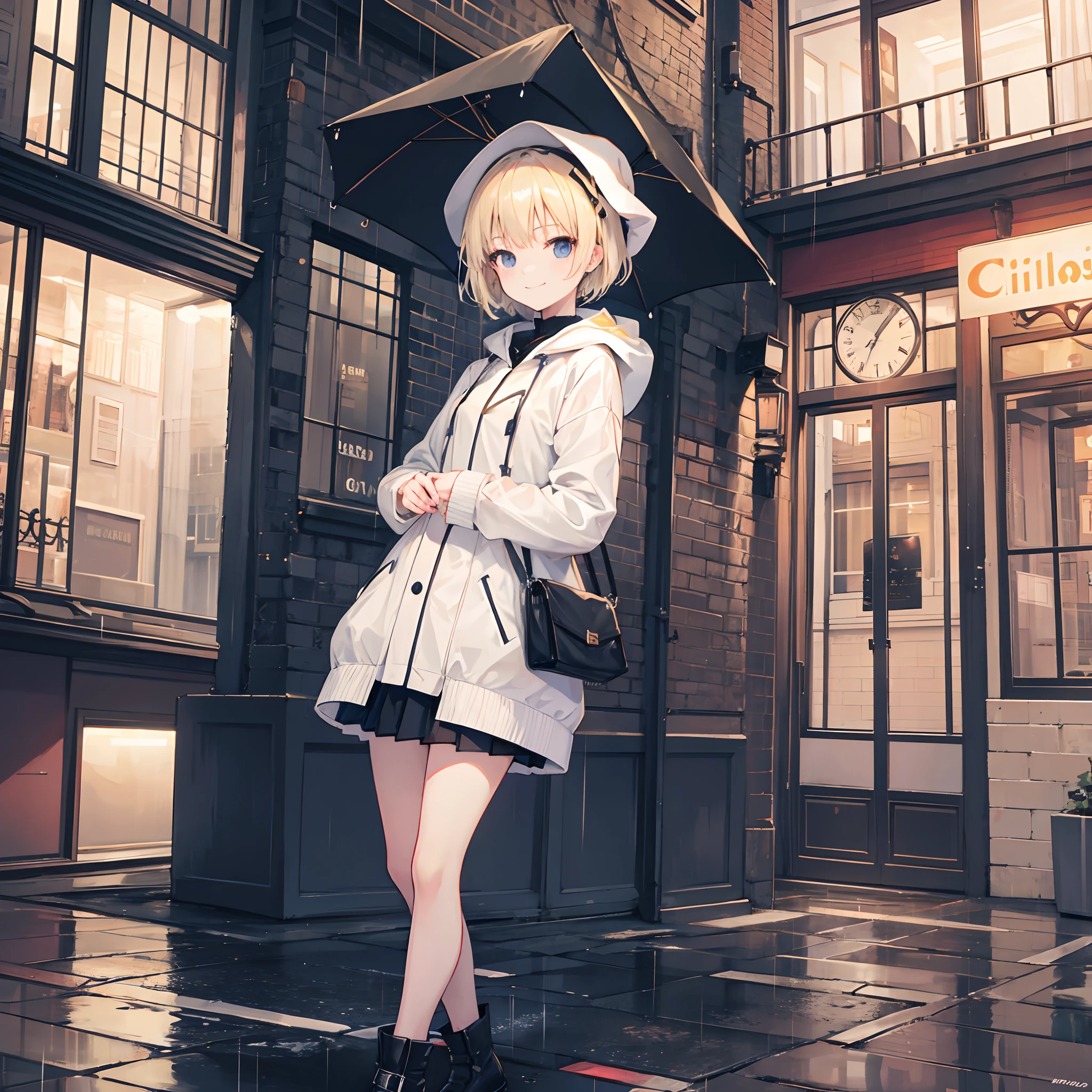 1 girl, smiling, european, rain coat, skirt, (small) chillerism, short blonde hair, Amsterdam