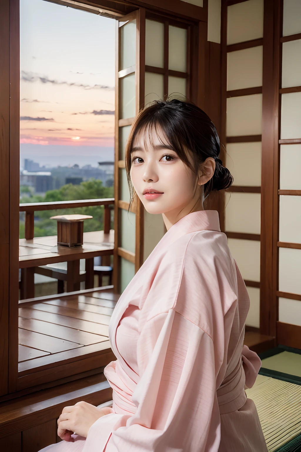 (natta:1.7), East Asian Architecture, 1womanl,Sitting on tatami mats, brunette color hair，（hair between eye）, Lip flap, ,Beautiful fingers,Beautiful long legs,Beauty Body，Cute nose，Beautiful character design，perfect  eyes，face perfect，looking at viewert，（Innocent_Big_Eyes：1.0），（light_Smile：0.3），offcial art，Very detailed CG Unity 8K wallpaper，Perfect litthing，highly colorful，Bright_front_Face_Lighting，（tmasterpiece:1.0),(best_quality:1.0), 超A high resolution, nffsw, hight resolution, absurderes:1.2, Kodak Portra 400, film grains, the background is blurred, Bokeh:1.2, Lens Flare Glow, ( Vibrant_Color:1.2) (Beautiful,Large_breasts:1.4), (Beautiful_Face:1.5),(narrow_waist-up),8K,Raw photo, 、Relax at a ryokan in Japan、The background is the open-air bath at night at a hot spring inn (Girls are not subjects:1.3) (Hair after a bath:1.3),(Hair is wet:1.3) ((Girls are not subjects:1.2)),(((Yukata does not need gloss at all:1.5))),((No need for a Korean yukata or Korean-style hairstyle.:1.5)),((Faithfully and realistically reproduce a pure Japan yukata:1.5))((Light Pink Band:1.3)),((The background is the entrance living room、At night, Overlooking the inn's large and beautiful gardens..:1.3)),((8th class))、((Light Pink Band:1.5)) ((Beautiful straight semi-long:1.5)) sixteen years old、((Beautiful straight semi-long:1.5))((Pink Band))、((The color of the yukata is pink:1.3),(Faithfully and realistically reproduce the obi of a yukata:1.3) ((Faithfully and realistically reproduce a pure Japan yukata:1.5)),((Walking through the corridors of the inn at night:1.3))((Background width and depth:1.3)),Night Hostel　There are small lights and flowers in the hallway. (When you open a window, You can see beautiful autumn leaves outside.:1.3) sixteen years old、((Beautiful straight semi-long:1.5))((Window lattices must be large、Faithful and accurate reproduction of Japan windows:1.5))((When you open a window、You can watch a beautiful sunset.)) ((Faithfully reproduces the dark pink yukata obi:1.