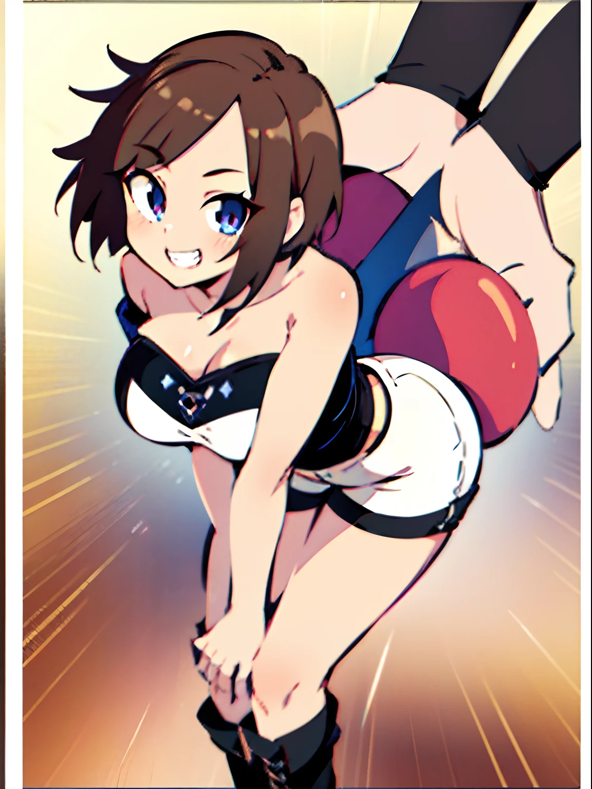 Highly detailed and realistic CG, Colorful, Masterpiece, Best Quality, jewel-like eyes, 1girl, solo, cute girl, brown hair, short hair, spiky hair, long bangs, grin, evil smile, tube top, short hot pants, strapless, dark skin, big breasts, leaning forward, hand between legs, half-closed eye, boots, sokono omae,