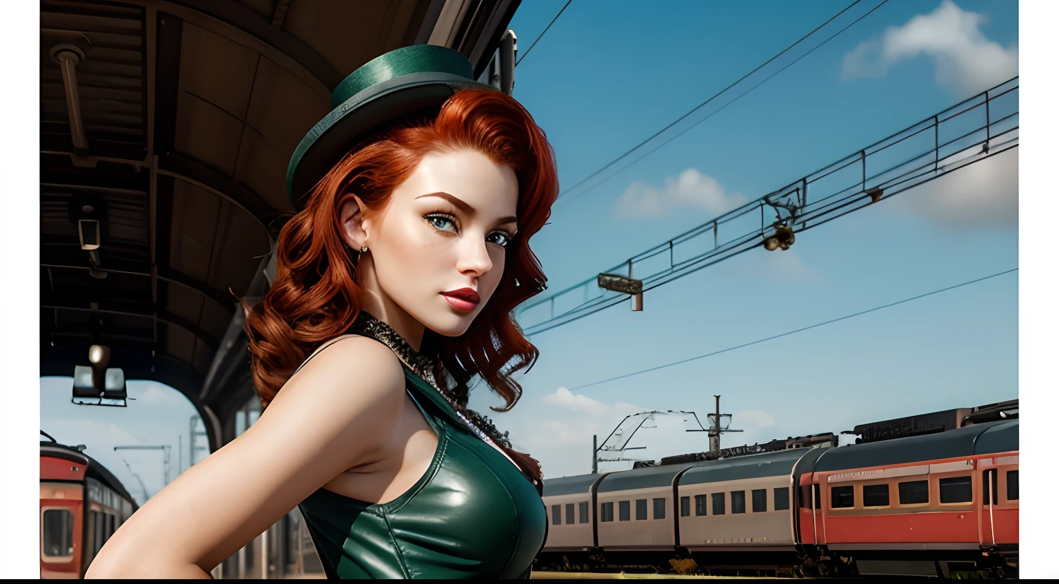 Masterpiece, (trains tracks at train station), bright starry sky, Romantic train, reflection, detailed scenery, enhanced details, official art, dynamic angle, (ultra wide shot), RAW, photorealistic, ultra detailed, aesthetically pleasing, High quality, masterpiece, best quality, full body, woman red hair, beautiful face, brown eyes, sexy pose, pinup art, wearing (steampunk medium length dark green dress) with leather boots and green top hat (1.6 intricate details, Masterpiece, best quality), thick hair, long hair, auburn red hair, fair skin intense ((brown)) eyes, in front of trains on the tracks in a (train yard), trains in the background, locomotive, train, golden engines, choo choo, trains, biomechanical railroad, glamorous and sexy, red hair, beautiful face, brown eyes, sexy pose, pinup art, pin - up, pin-up, pin up, pinup, pin - up girl, pin up girl, pinup girl,  (perfect eyes), ((beautiful eyes), detailed eyes, (perfect face), detailed face, perfect expression, (((detailed and realistic scenery))), (perfect hands), (perfect fingers), perfect female anatomy, detailed body, perfect body, proportional body, Cinematic Lighting, Backlight, Symmetry,