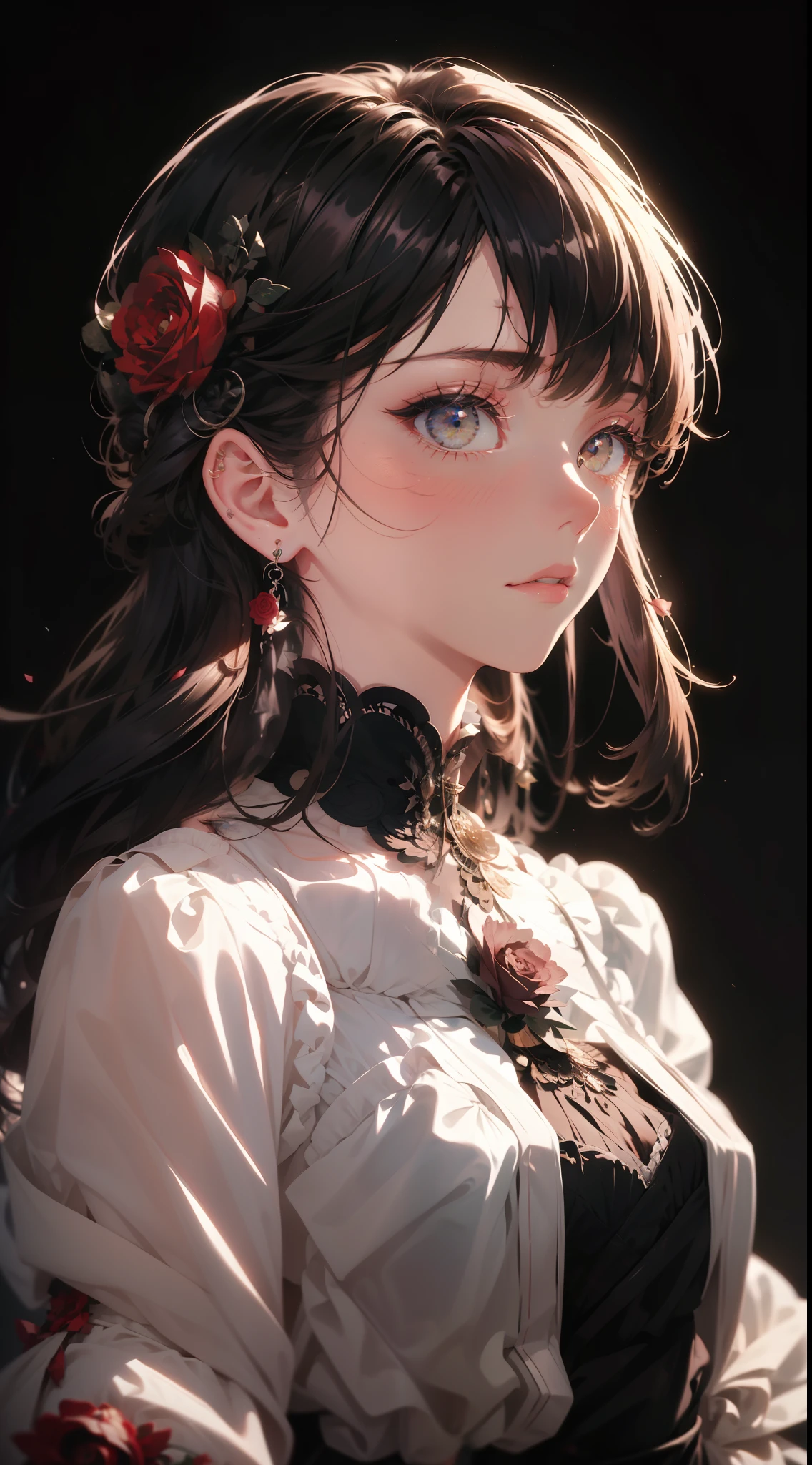 A teenage girl，Wilted roses，Gothic，whaite hair，Hyper-Resolution，accuracy，detail render，（Delicate facial portrayal）（Fine hair portrayal）（highest  quality）（Master masterpieces）（High degree of completion）（a sense of atmosphere）tmasterpiece，ultra - detailed（half-body portrait）Anime style