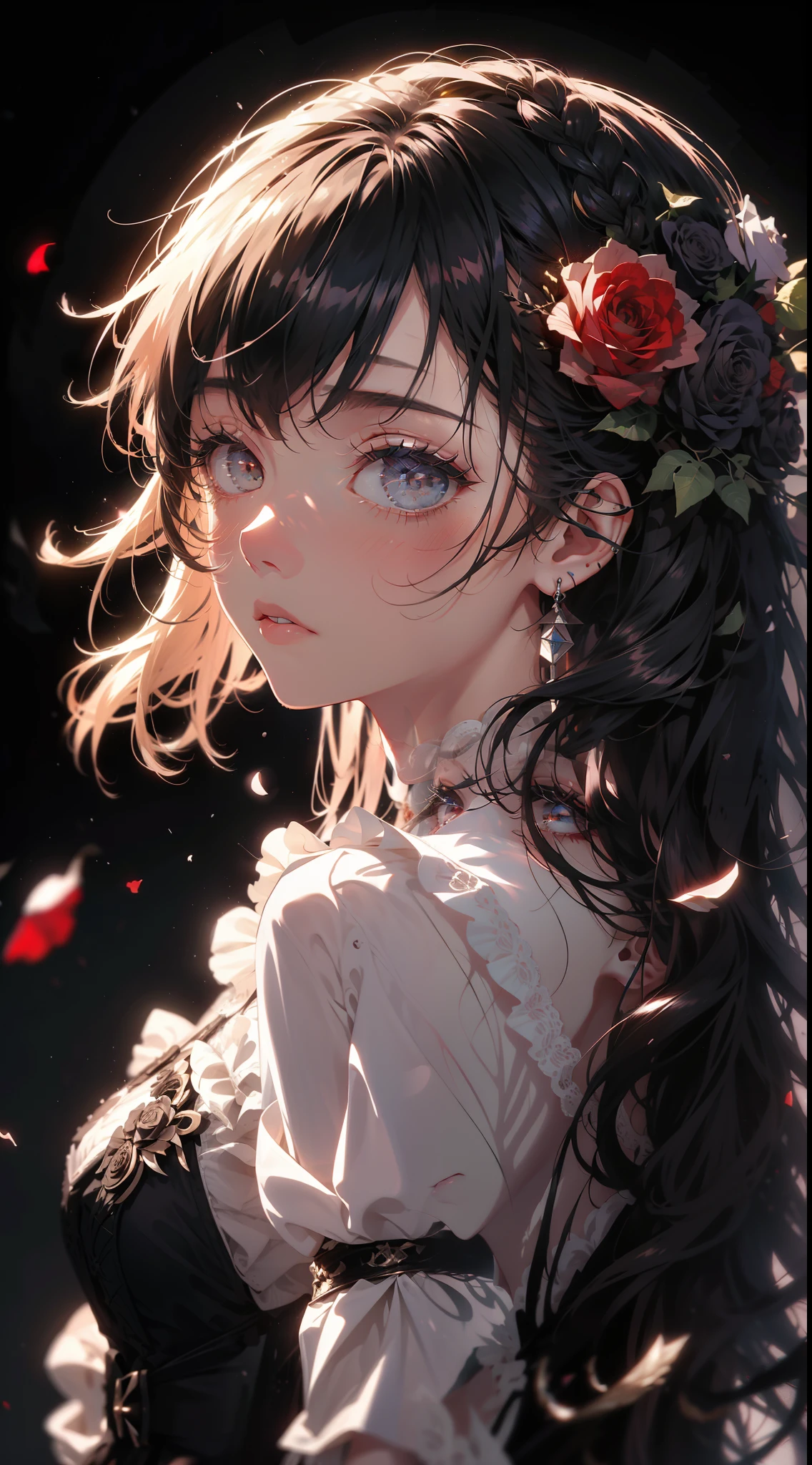 A girl,Wilted roses,Gothic,whaite hair,Hyper-Resolution,accuracy,detail render,(Delicate facial portrayal)(Fine hair portrayal)(highest quality)(Master masterpieces)(High degree of completion)(a sense of atmosphere)tmasterpiece,ultra - detailed(half-body portrait)Anime style