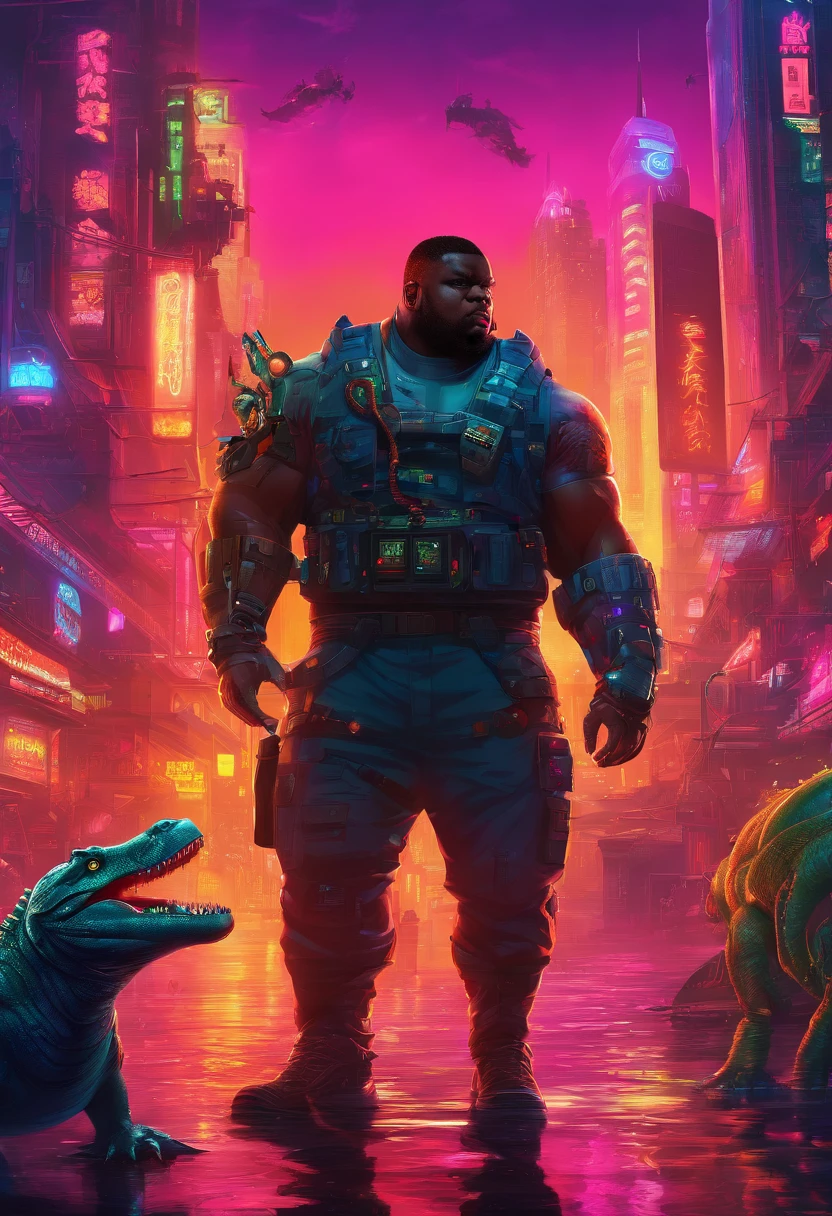 Fat black man with a cyborg arm fighting alligators in a swamp