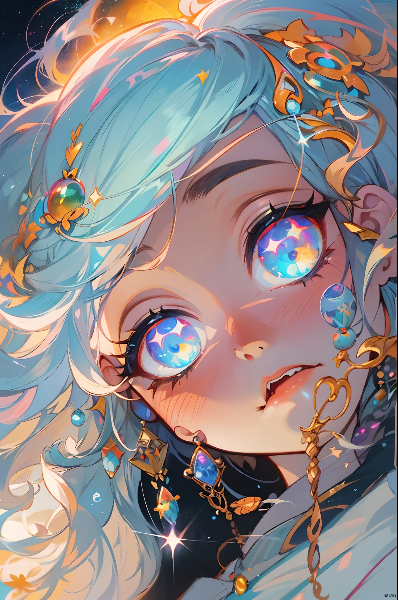 Close-up of a woman with colorful hair and necklace, anime girl with cosmic hair, Rossdraws' soft vibrancy, Gouviz-style artwork, fantasy art style, colorful], vibrant fantasy style, Rossdraws cartoon full of energy, cosmic and colorful, Guweiz, colorful digital fantasy art, stunning art style, beautiful anime style, white skin, night coat,