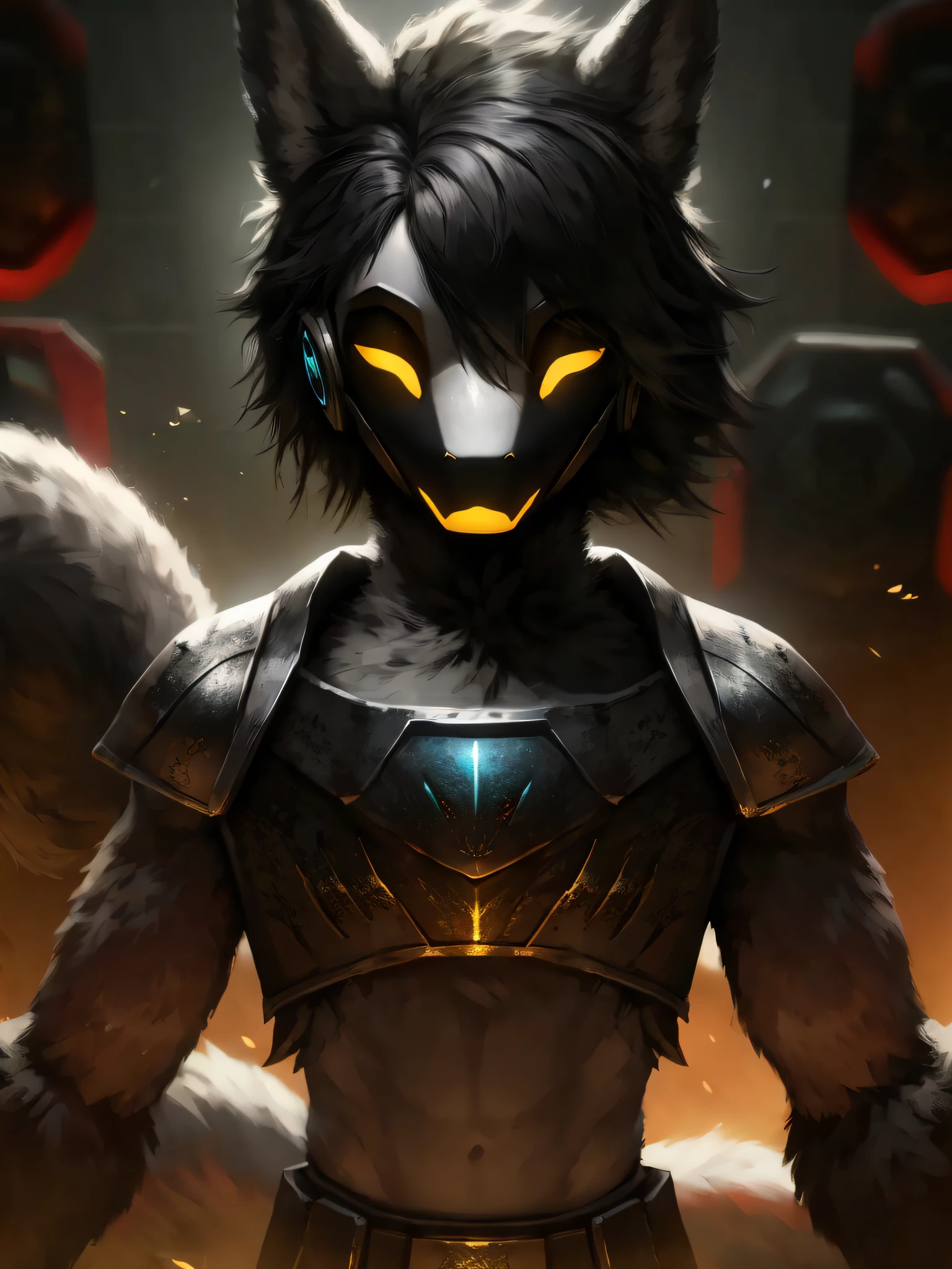 (Front focus), (During the day:1.6), protogen，furry, Furry，photograph realistic, Dynamic lighting, voluminetric lighting, 4 k'',male people, deepshadow, low tune,Gray-black hair，Nero, Yellow, White, and gray color scheme，full bodyesbian，chest plate，Round screen on the shoulder