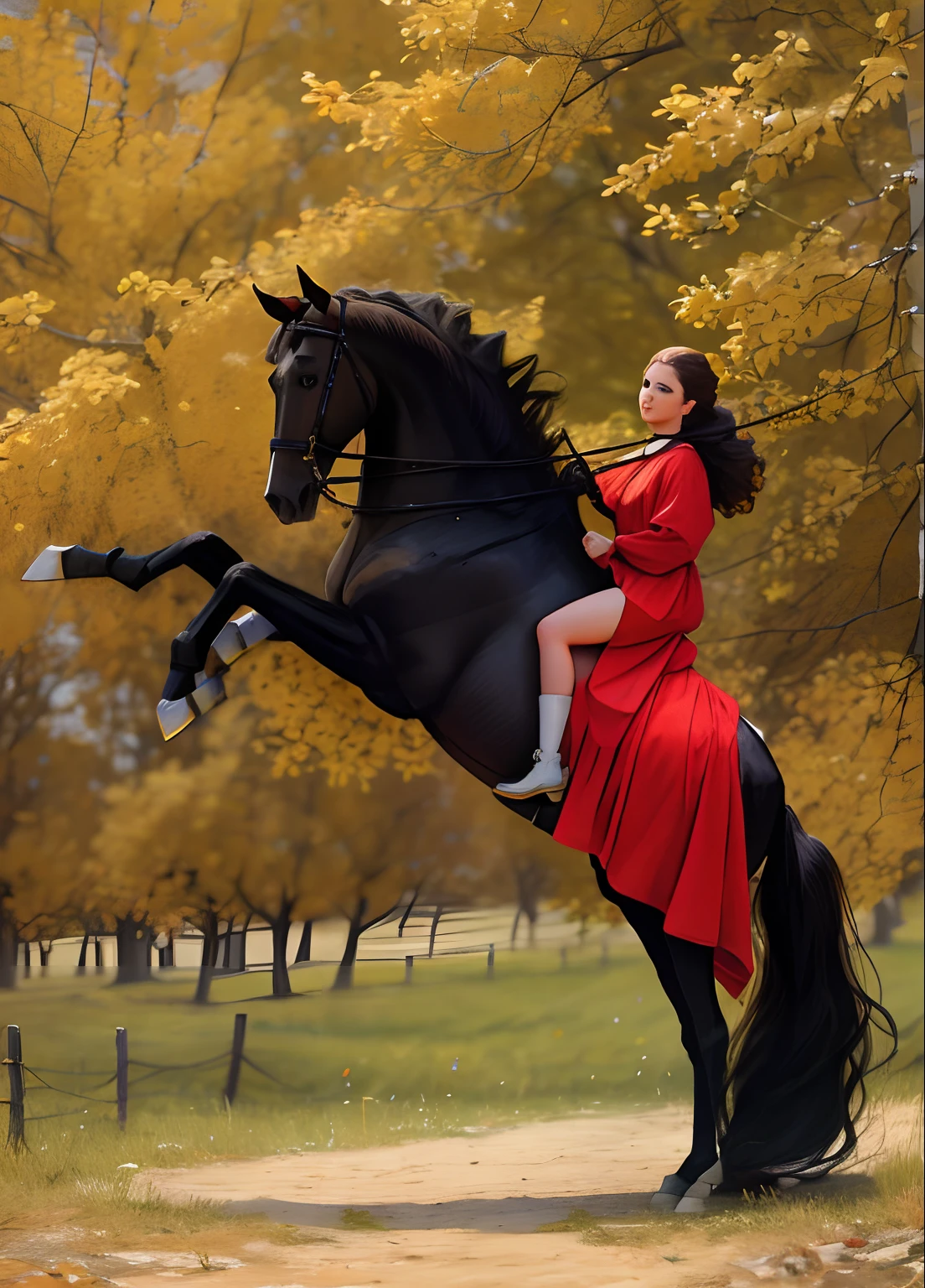 mujer en vestido rojo montando un caballo negro en un campo, Montando un caballo negro, montando en un caballo rampante, montar a caballo, con caballo conducido, montar a caballo, fantasy photoshoot, en un caballo, Anna Nikonova, Fotos impresionantescaliente, por Olga Rozanova, por Nina Petrovna Valetova, por Ivana Kobilca, por Alexander Fedosav