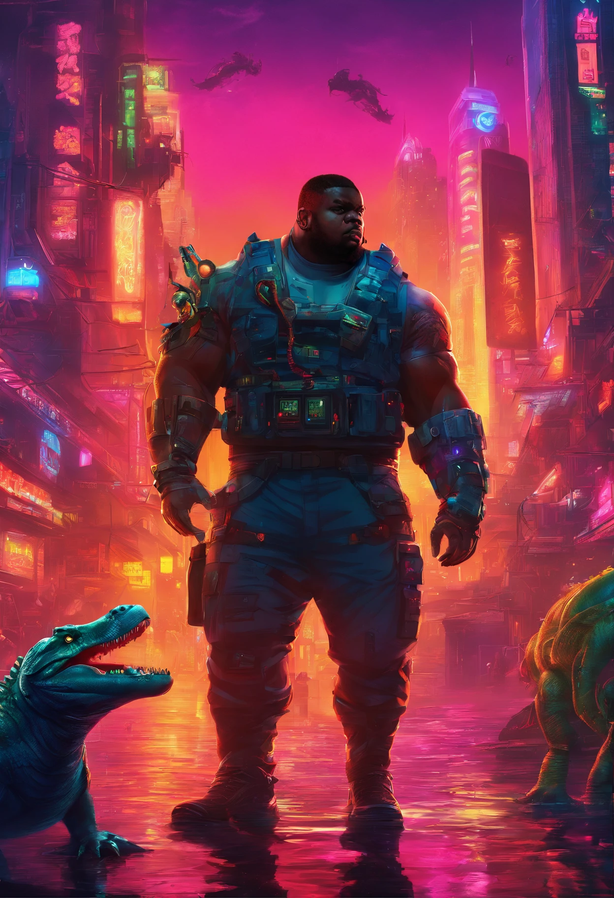Fat black man with a cyborg arm fighting alligators in a swamp