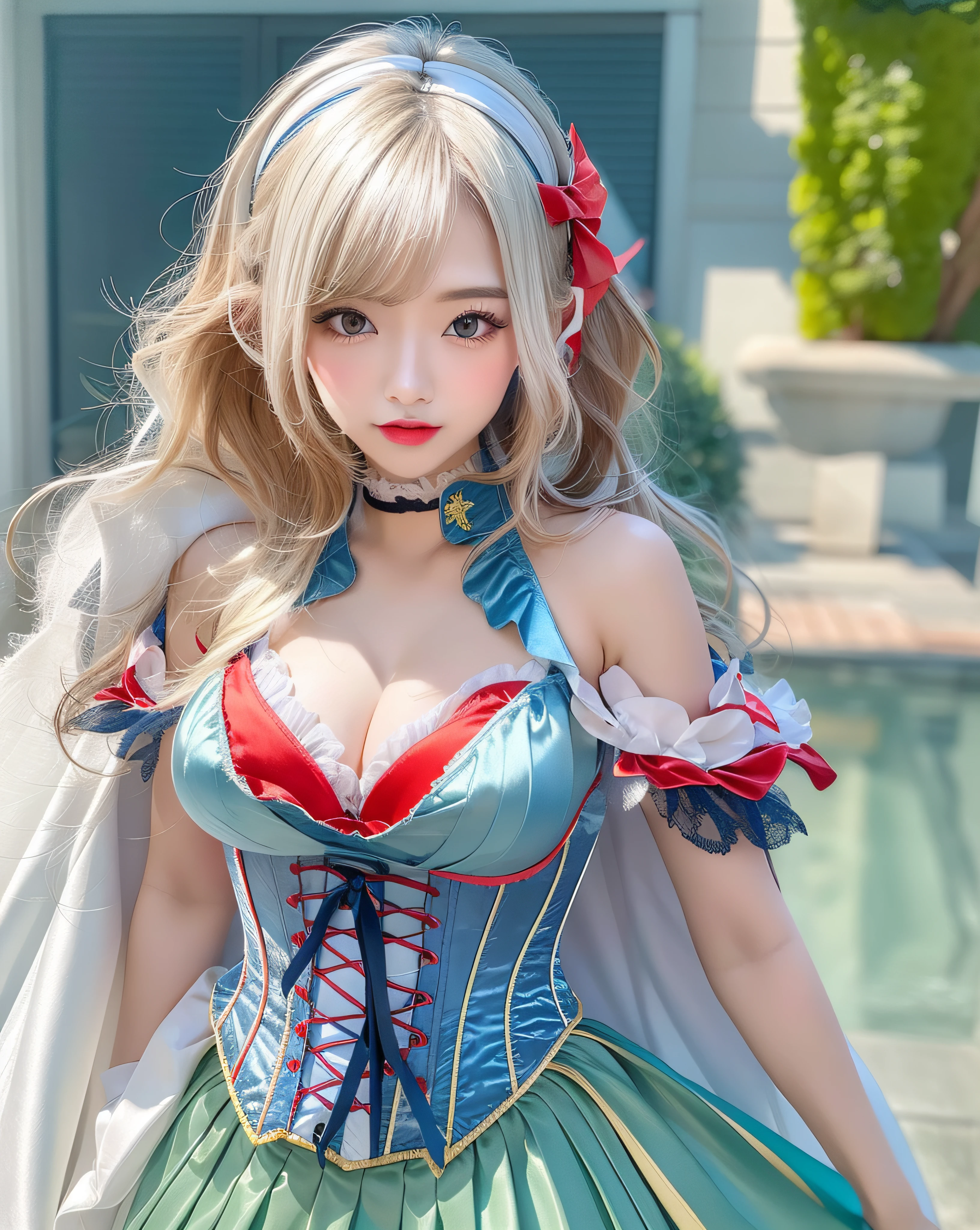 1girl, cute,, 18 years old, large breasts, narrow waist,wide hip,bob hair, bright eyes white fine skin,small mouth,slender, sexy pose sexy costume, ((silk blue corset, red white slashed puffer shoulder sleeves, silk yellow pleated skater silk skirt, white leggings, red hairband, red cape)), maximum resolution, beautiful Japanese woman, ulzzang