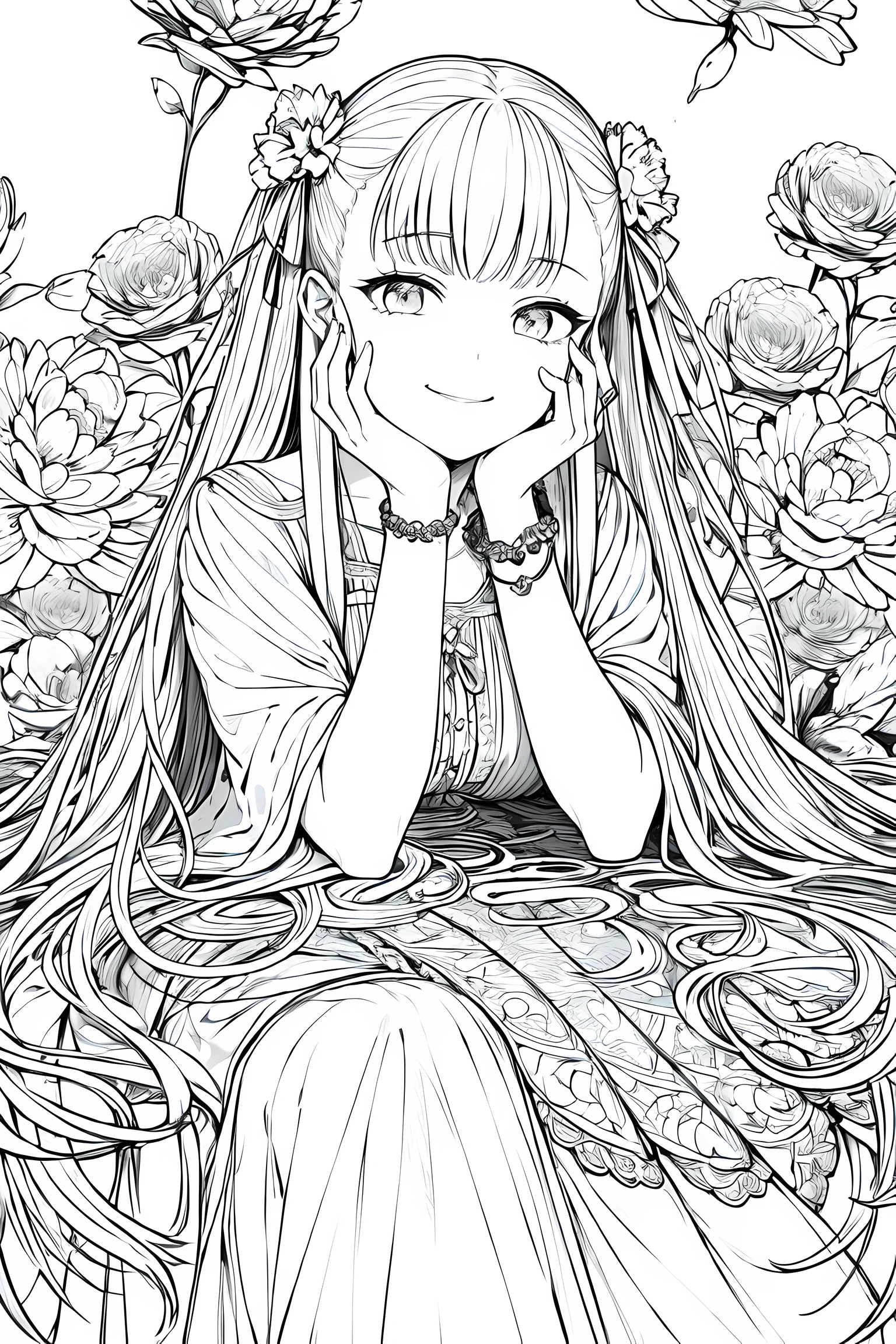 masterpiece, best quality, 1girl, solo, long_hair, looking_at_viewer, smile, dress, ribbon, jewelry, very_long_hair, hair_ribbon, flower, bracelet, two_side_up, hand_on_own_face, head_rest, hand_on_own_cheek, lineart, monochrome,