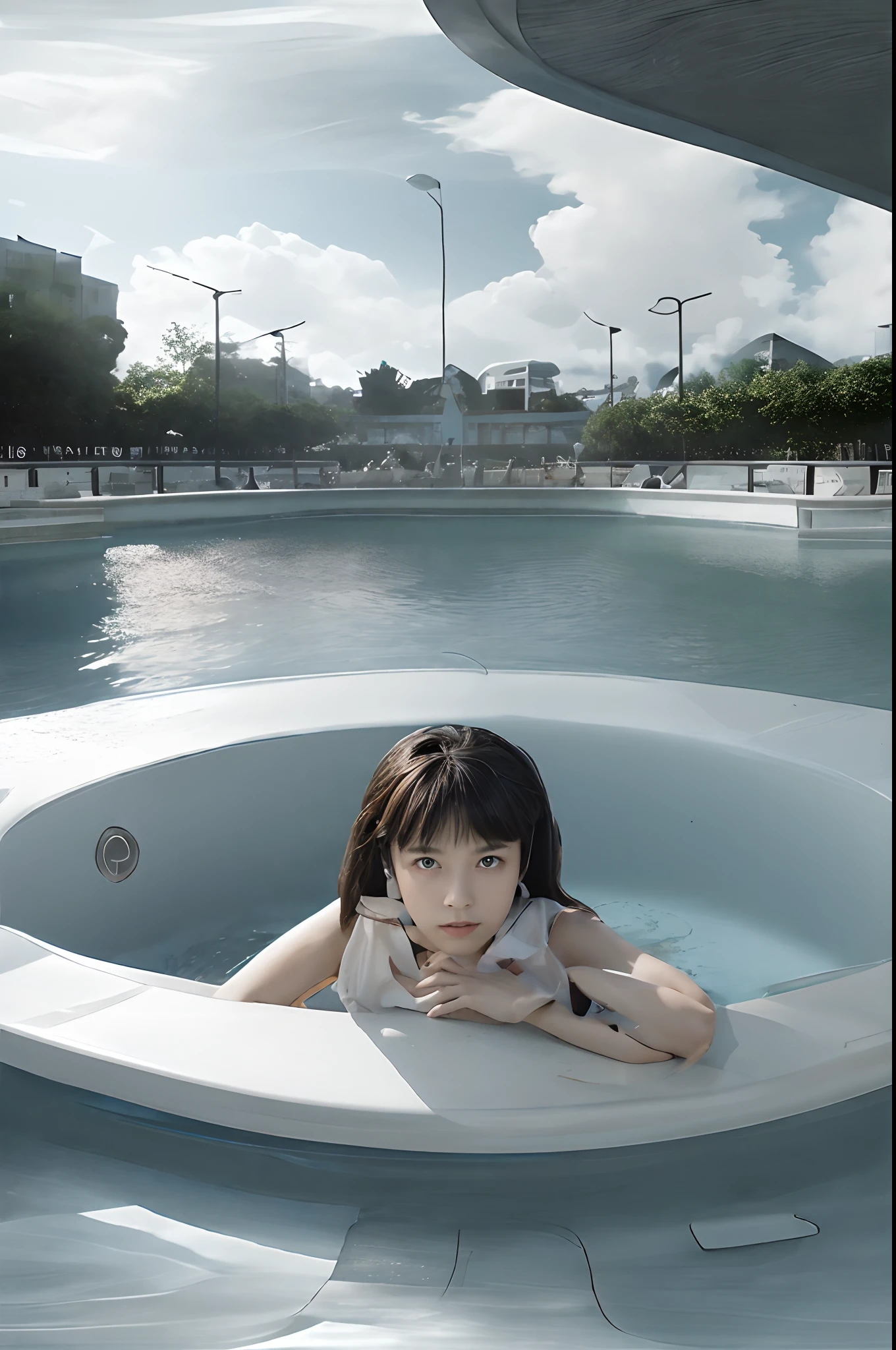 Young girl has arms in bathroom