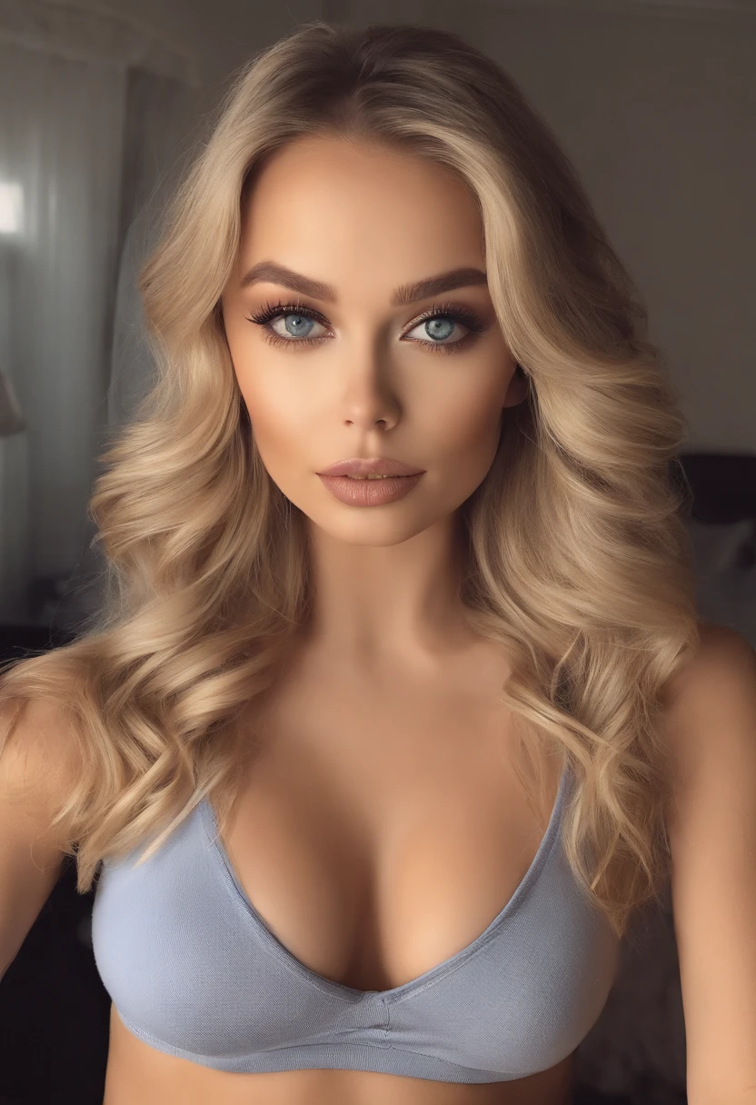 Woman in matching tank top and panties, Sexy girl with blue eyes, Portrait of Sophie Mudd, Portrait of Korina Cope, Blonde hair and big eyes, Selfie of a young woman, Eye of the Club Violet Myers, One's makeup, natural makeup, Look straight into the camera, Faces with artgrams, Dezentes Makeup, Amazing full-body shots, in a bedroom, cleavage