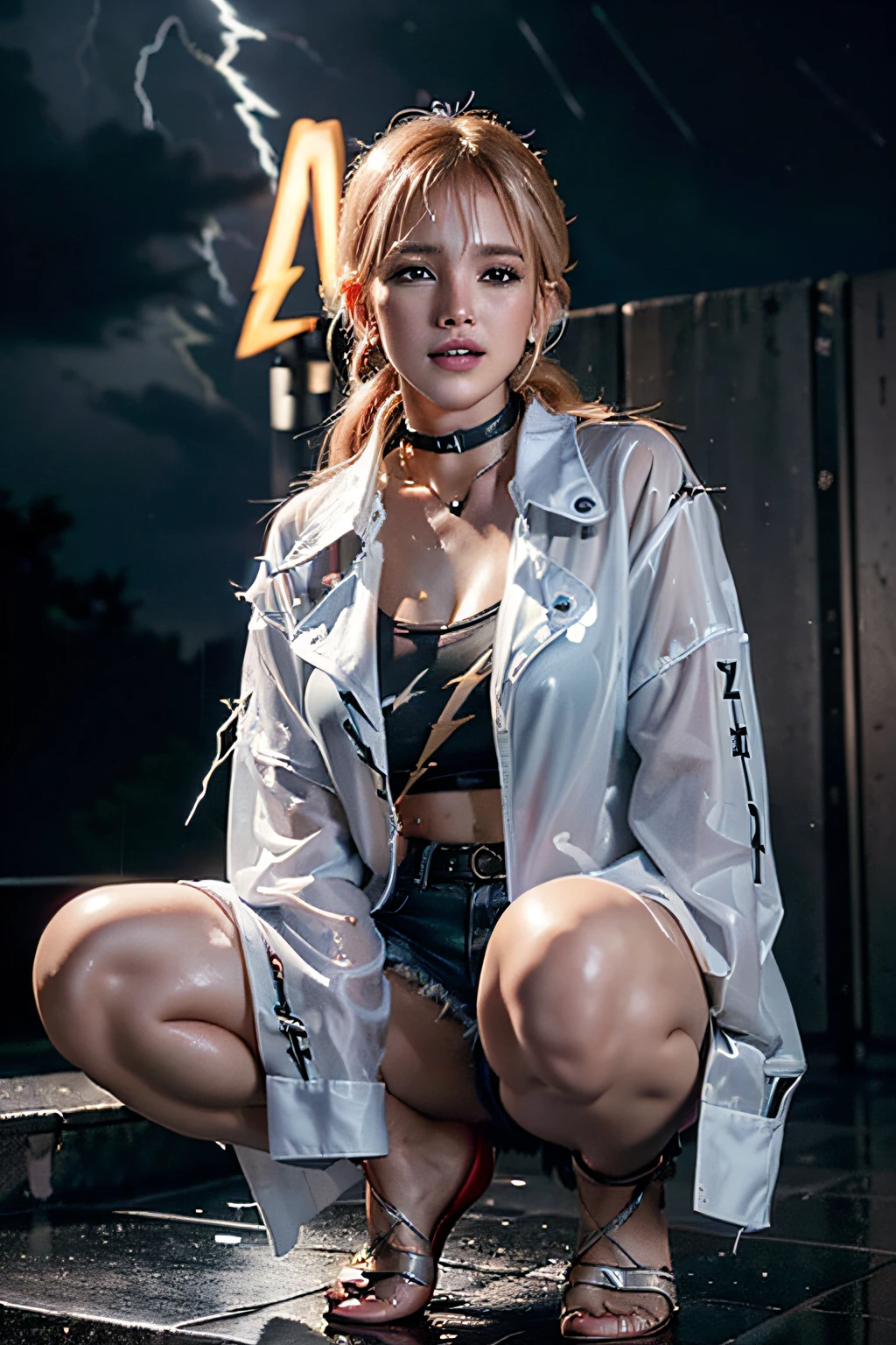 (Lightning illuminating the dark sky:1.7),Stormy night, (Rain pouring down on a tomboy:1.3), creating a dramatic and moody atmosphere. Drenched tomboy,piercings,Punk rock fashion,Open jacket with chain,Punk rock shirts,Punk rock pants with chain,Chain Accessories,a choker,(The whole body is soaking wet,Rainwater dripping from the face,Wet face,wetting hair,Wet and glowing skin,Soaking wet costumes,),(Glossy silver and orange two-tone hair,Short ponytail),(The composition of the princess's face,large full breasts,Pointed lips,red lipsticks,Cute round face,A smile that makes the viewer happy,blushing with embarrassment,red blush,),Bold sexy poses,(crouching down:1.3), (in 8K, Raw photo, Best Quality, masutepiece,),(Realistic,Extreme detail photo,Digital SLR,),(Image Mode Ultra HD),
