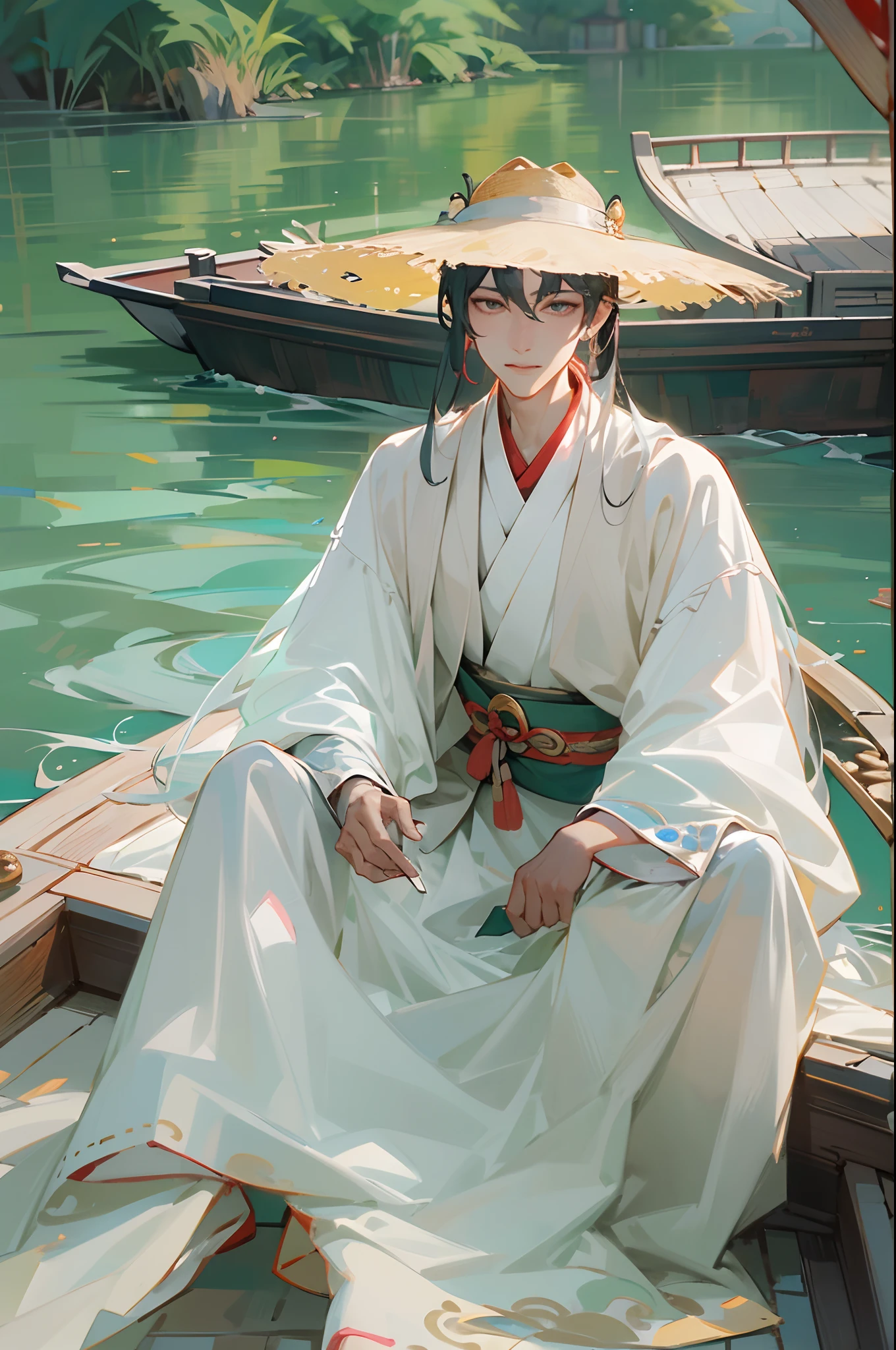 arafed man in a straw hat sitting on a boat, cai xukun, hanfu, chinese style, white hanfu, inspired by Bian Shoumin, inspired by Liu Jun, with acient chinese clothes, inspired by Huang Gongwang, inspired by Gu An, inspired by Chen Daofu, inspired by Xiao Yuncong, inspired by Wu Bin