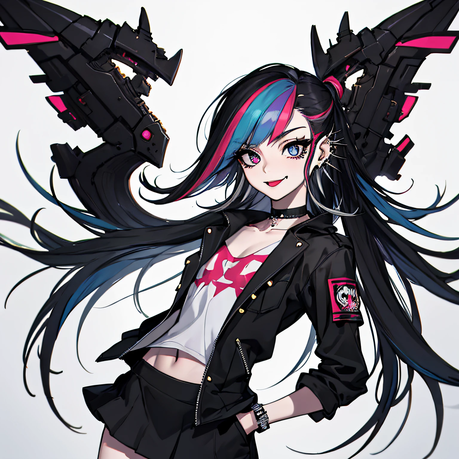 (absurdres, 8k, 4k, masterpiece, hyper extreme detailed:1.2), solo, 1girl, front view, perfect face, 1girl, portrait, expressive eyes, solo, standing, Female, perfect hands, pale skin, friendly, excited, punk rock, Long Hair, Multicolored Hair, black choker, black lipstick, Piercings, Ear Piercings, Lip Piercings, Nose Piercings, small Bust, smile, street clothing, half body, perfect anatomy, hands in pockets, graphic t-skirt, anatomically correct, cowboy shot, no background, empty background, arms behind back, covered chest, white background, exposed shoulder,