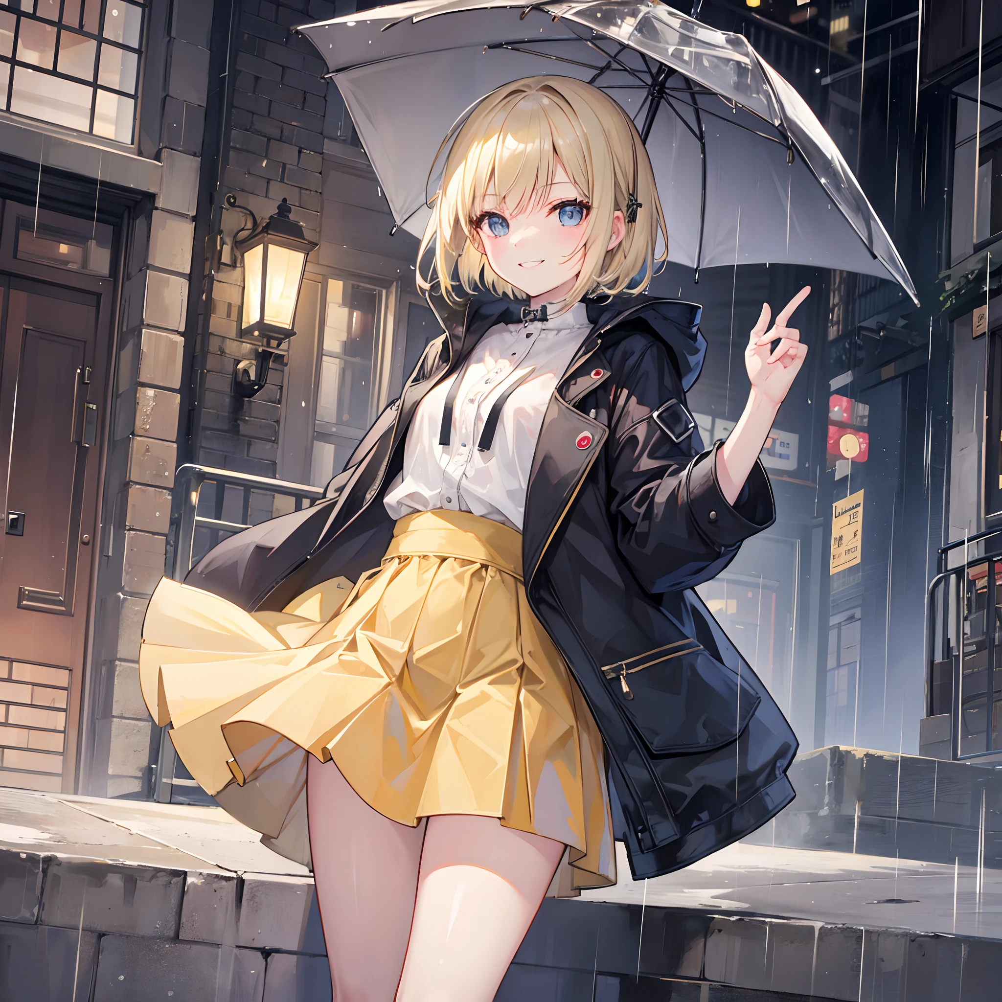 1 girl, smiling, european, rain coat, skirt, (small) chillerism, short blonde hair, Amsterdam