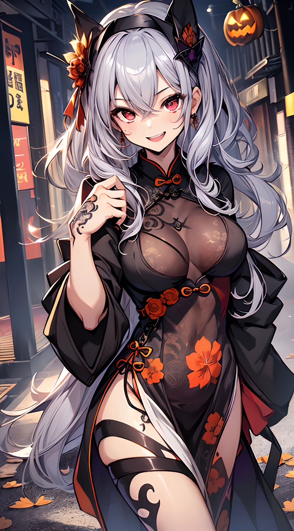top-quality、Top image quality、in 8K,4K,masterpiece、(NSFW:1.1)、ultra-detailliert、Beautiful、ultra-quality、adult-like、Cool、girl with(((18year old、Halloween Costumes、Cheongsam 1:3、Bust 78、silber hair、straight haired、Red Eyes、erotick:1.4、Happiness、The tattoo)))、hiquality、visualart、Background with((Halloween 1.3))、masutepiece