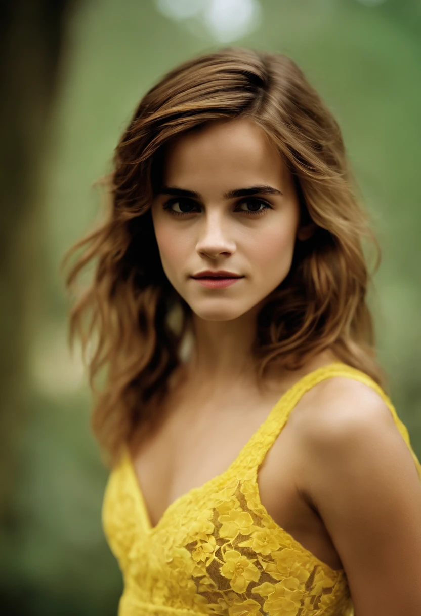 best quality,best lighting,whole body,a woman with long hair and a red lip is standing in a forest with trees and rocks in the background
