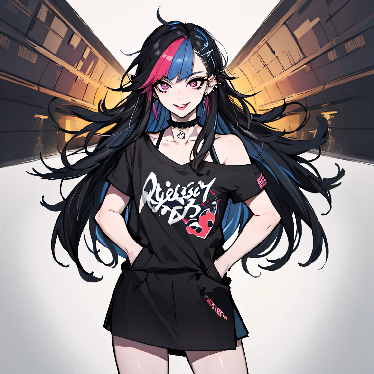 (absurdres, 8k, 4k, masterpiece, hyper extreme detailed:1.2), solo, 1girl, front view, perfect face, 1girl, portrait, expressive eyes, solo, standing, Female, perfect hands, pale skin, friendly, excited, punk rock, Long Hair, Multicolored Hair, black choker, black lipstick, Piercings, Ear Piercings, Lip Piercings, Nose Piercings, small Bust, smile, street clothing, half body, perfect anatomy, hands in pockets, graphic t-skirt, anatomically correct, cowboy shot, no background, empty background, arms behind back, covered chest, white background, exposed shoulder,