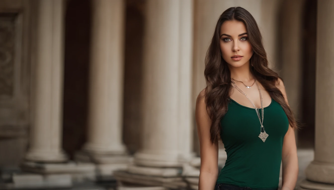 Araped woman in white tank top and necklace, Sexy girl with green eyes, Portrait of Sophie Mudd, Brunette and big eyes, Selfie of a young woman, Bedroom Eyes, Violet Myers, without makeup, natural makeup, Straight Looking at the Camera, Faces with artgrams, Subtle makeup, Amazing full-body shots, Pierced green eyes, Beautiful angles, attractive pose, Cute Girl, Sexy Pose, full body photograph, s whole body, full body shooting, Brunette Goddess, High Detail, Satisfying pose, Wear a gray skirt and boots, skirt, boots