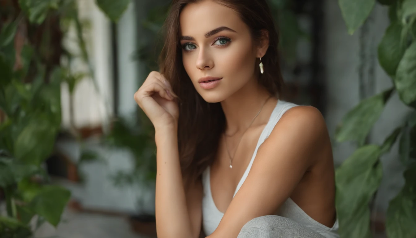 Araped woman in white tank top and necklace, Sexy girl with green eyes, Portrait of Sophie Mudd, Brunette and big eyes, Selfie of a young woman, Bedroom Eyes, Violet Myers, without makeup, natural makeup, Straight Looking at the Camera, Faces with artgrams, Subtle makeup, Amazing full-body shots, Pierced green eyes, Beautiful angles, attractive pose, Cute Girl, Sexy Pose, full body photograph, s whole body, full body shooting, Brunette Goddess, High Detail, Satisfying pose, Wear a gray skirt and boots, skirt, boots
