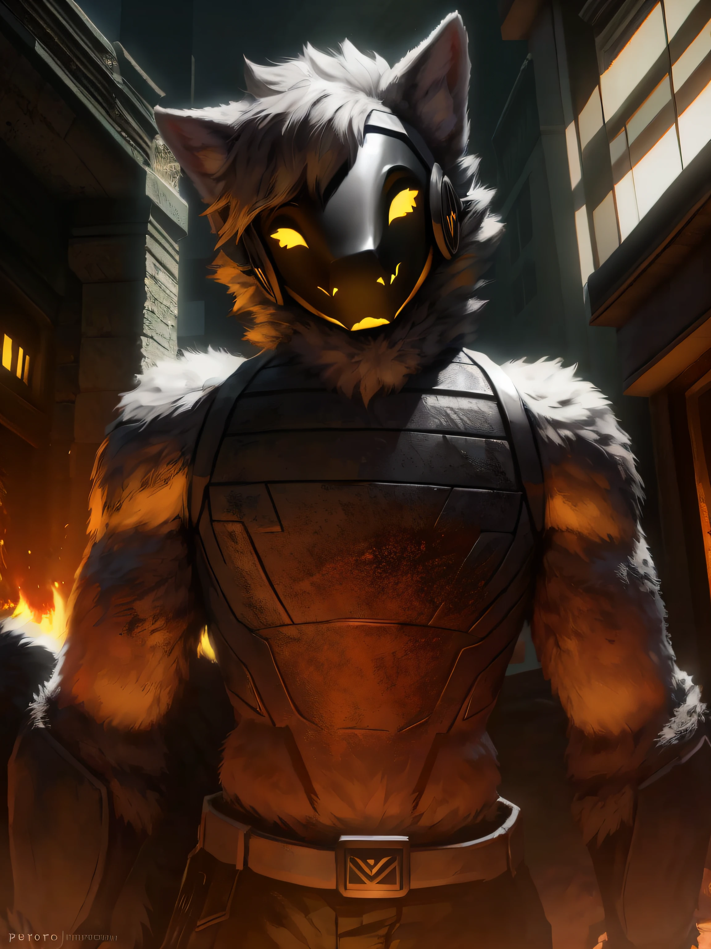 (Front focus), (During the day:1.6), protogen，furry, Furry，photograph realistic, Dynamic lighting, voluminetric lighting, 4 k'',male people, deepshadow, low tune,Gray hair，Nero, Yellow, White, and gray color scheme，full bodyesbian