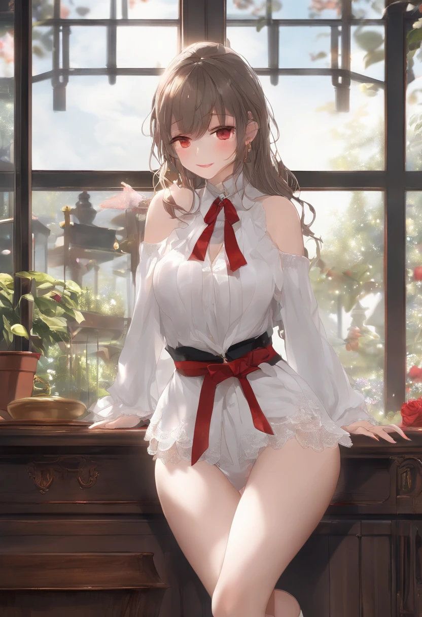 NSFW、masterpiece、Top image quality、high detailing、Detailed beautiful face and eyes、window、、(nighttime scene:1.5)、nighttime scene、(red eyes:1.2)、Delicate interior design、(White thigh socks:1.2)、1girl in、(White Long Hair:1.4)、red blush、(a beauty girl)、(Proud smile:1.2)、full-face blush, (embarrassed:1.2)、(Blunt bangs:1.2)、big breasts、Boob emphasis、Big buttocks、thick thight、(Black Micro String Bikini:1.1)、(White upper arm gloves:1.2)、(garterbelts:1.4)、a choker、(adult body:1.2)、(Belt on thigh:1.2)、(Panties are visible:1.3)、Skirt is pulled up、Blazer around the neck only、(Prone:1.3)