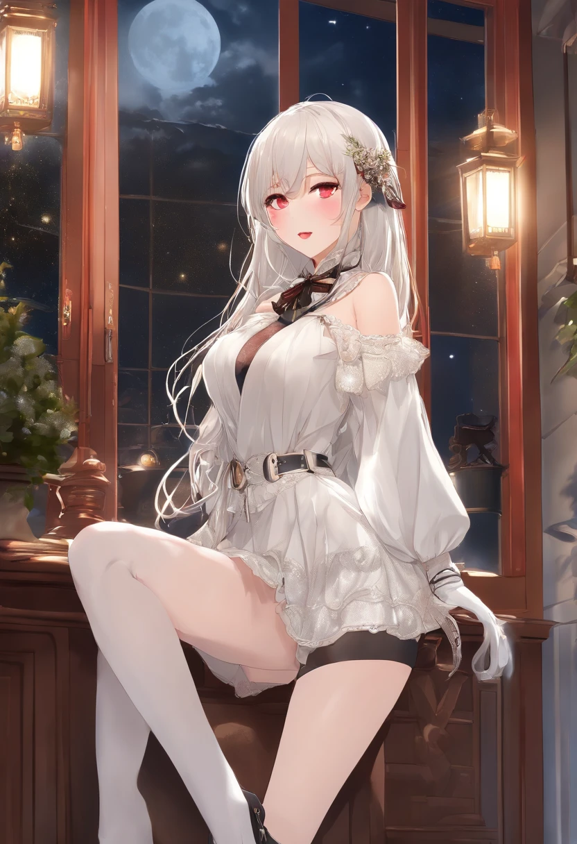 (bestquality、A masterpie:1.2)、Ultra High Res、lifelike、Front lighting、with intricate details、Exquisite details and textures、1girl、solo、(young)、Facial Highlights、fulllllbody、Detailed face、Teardrop mole、White Skin、Silver hair、ponytails、Braid hair、Watch your audience、s big eyes、Silk robes、(Hollow pattern、WHITE、silk)、ear ring、tiny breasts、Slim body、Luxurious room、professional Lighting、Photon mapping、 Radiosity、physically based rendering、(((pull up skirt、White lace panties visible)))、