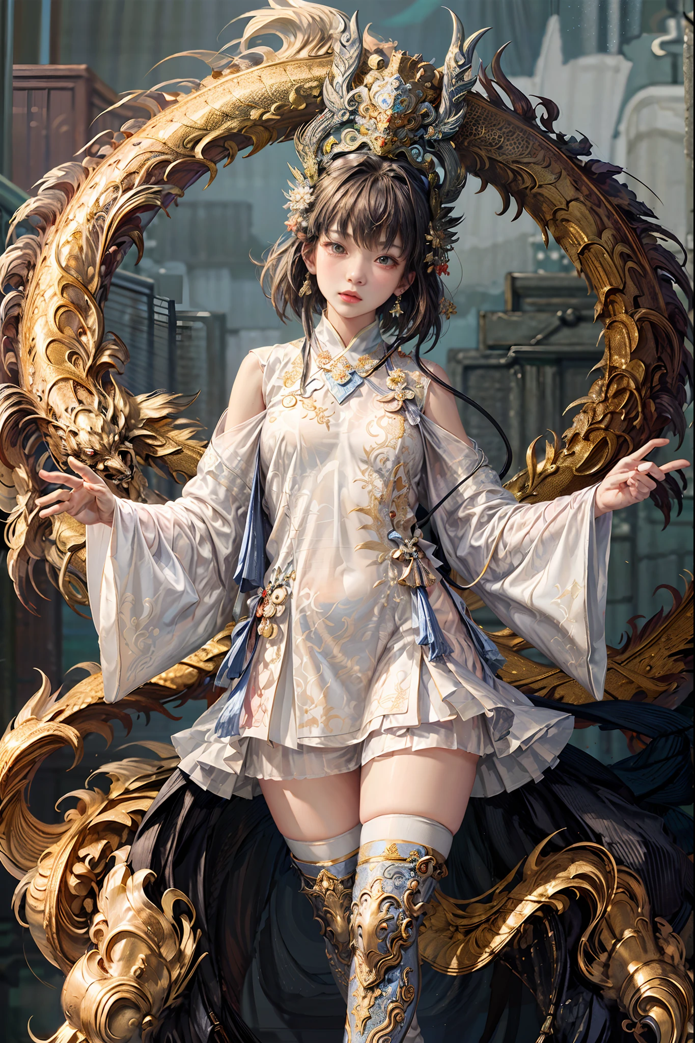 offcial art,统一 8k 壁纸,ultra - detailed,Beauty and aesthetics,tmasterpiece,best qualtiy,(zentangle,tangled,entangle),(s fractal art:1.4),(The character is centered:1.3),1girll,Black color hair,(anatomy correct,Accurate and perfect Korean female face,Exquisitehands),cropped shoulders,short skirt,small thighs,nabel,The is very detailed,dynamic angle,cow boy shot,(Chaos in its most beautiful form),flowy,(vivd colour),overclocking,(A half body:1.2),(thangka flying sky:1.5),(Ribbons:1.3),(dream magical:1.5),(Hanfu:1.5),chinesedragon,Chinese Phoenix,(ssmile:0.5 ),(chinese deity)
