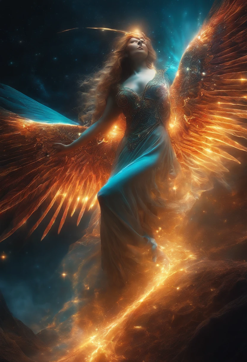 Cosmic fallen angel, Des yeux clairs brillants, Biomechanical, odd, flippant, cauchemardesque, Very bright colors, Light particles, with bright light, Mshiff, Art du papier peint, UHD wallpaper