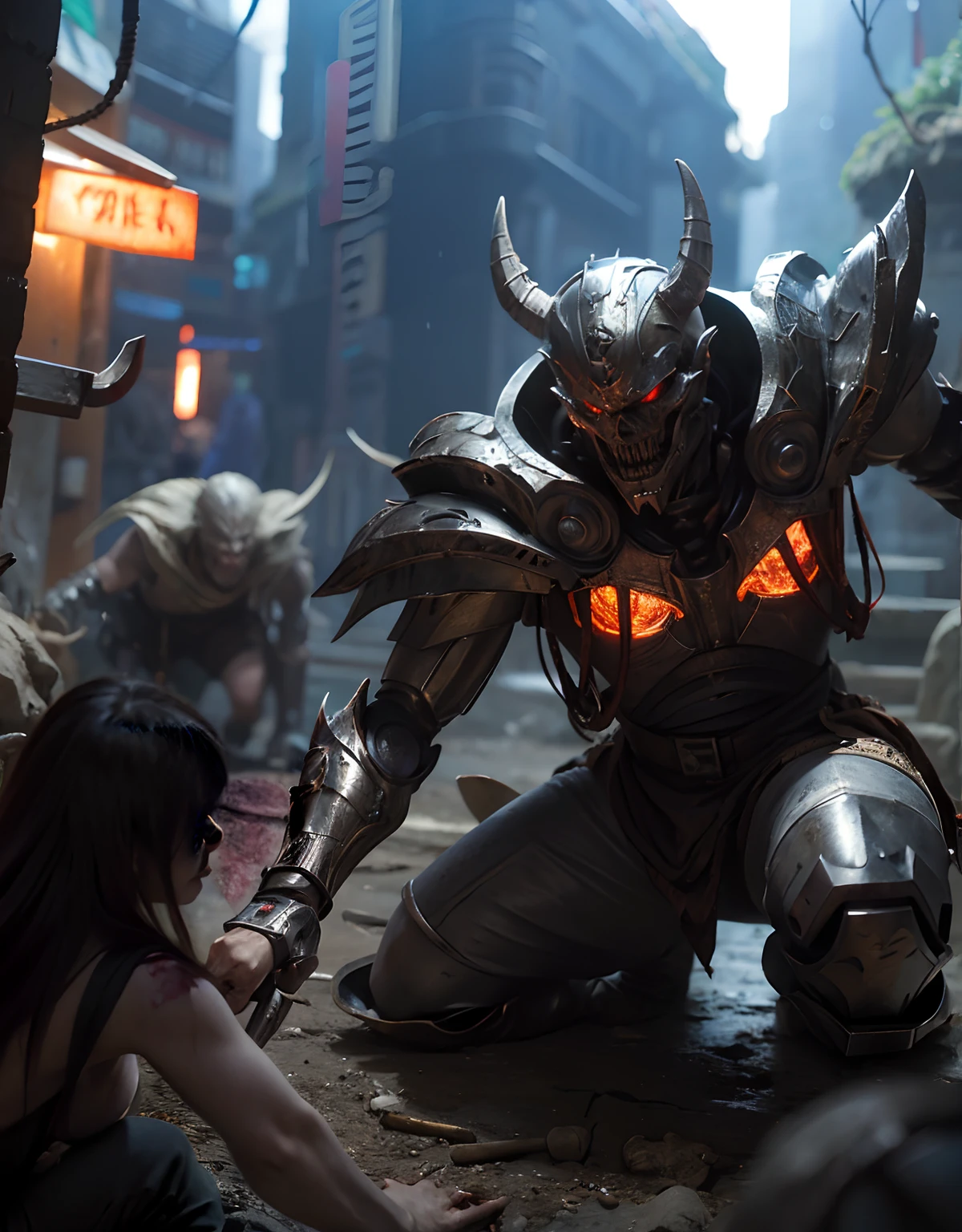 (One Knight Girl)、top-quality、​masterpiece、超A high resolution、(Photorealsitic:1.4)、Raw photo、女の子1人、Fight mutants、（Wear the Dark Knight's Armor）、glowy skin、(((Dark Fantasy)))、With a beautiful sword and shield、（Black Metal Bodysuit）、(Fight goblins、ogre、Fierce battle with orcs),（Fight fiercely against aliens）、Fight fiercely、(Skeleton collective background),(Background of decaying dungeon ruins)、（Skeleton helmet）、(Fighting Demonic Beasts)、(Small LED)、((super realistic details))、portlate、(Strong giant demon beast background),globalillumination、Shadow、octan render、8K、ultrasharp、Colossal tits、Raw skin is exposed in cleavage、metals、Details of complex ornaments、Japan details、highly intricate detail、Realistic light、(Mystical expression),CGSoation Trends、Red Eyes、radiant eyes、Facing the camera、neon details、(Mechanical limbs)、(blood vessels connected to tubes)、()、Gundam、Small LED、Toostock、（Fight aliens on another planet）、（Attack of the Monster Beasts）、（Wounded in a deadly battle）、
