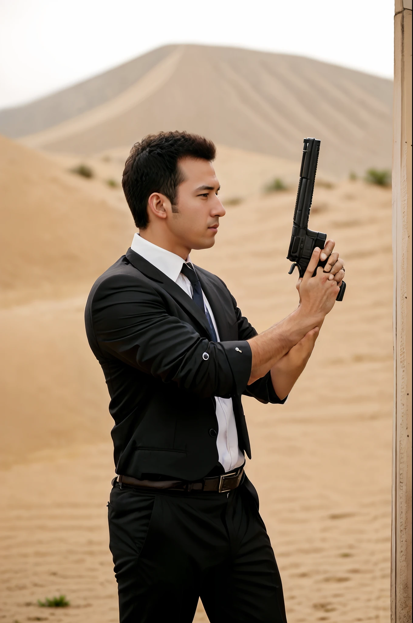 arafed man in a white shirt and tie holding a gun, with pistol, shooting pose, holding gun, with rifle, with a gun, carrying a gun, in an action pose, man with a gun, holding a gun, holding rifle, smoking and holding a gun, man is carrying a rifle, holding a weapon, movies with guns, holding pistol, jungle