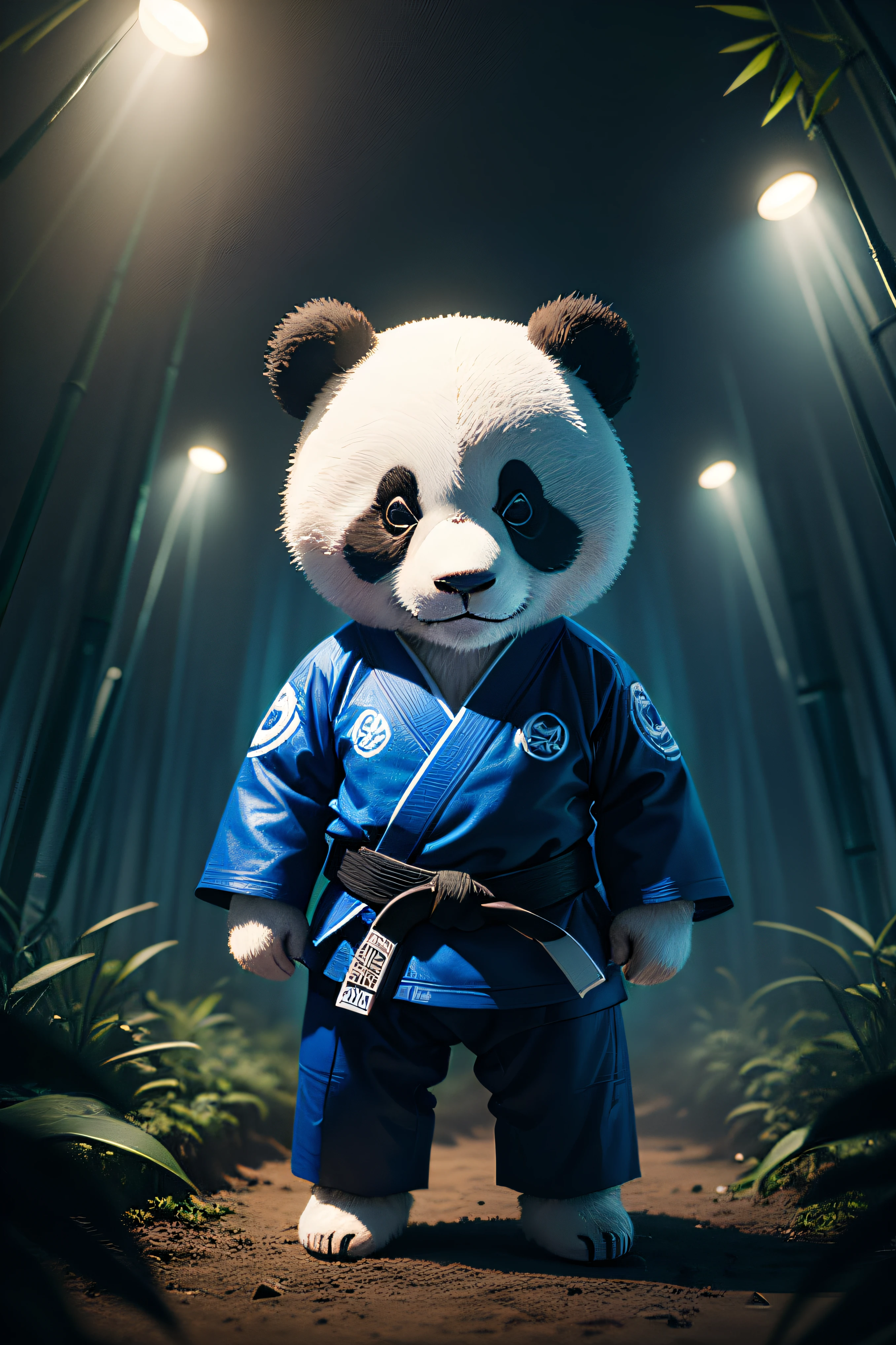 A cute panda bear wearing a blue Gi Jiu Jitsu suit, a black belt, standing alone in a bamboo forest, details, lighting effects