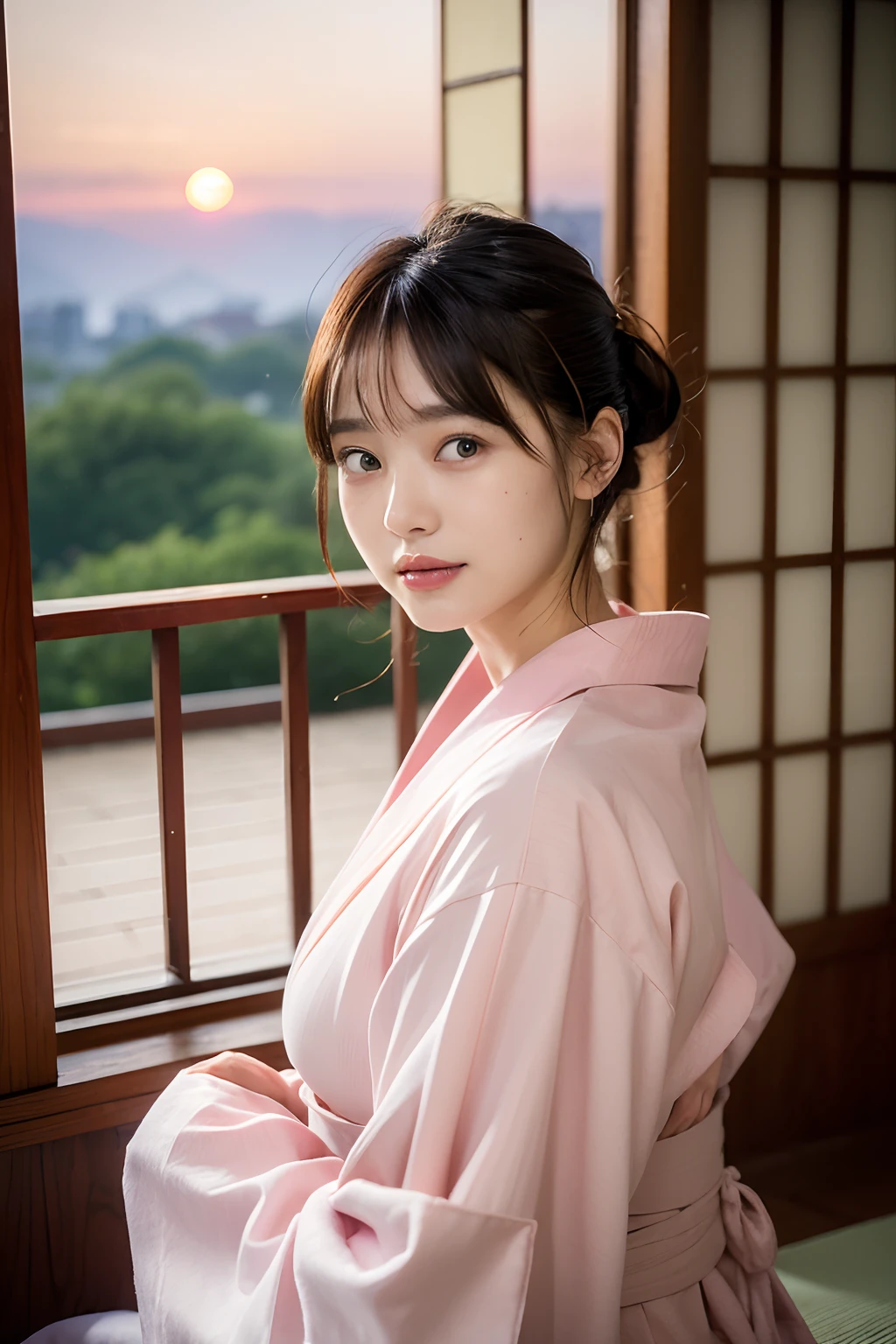 (natta:1.7), East Asian Architecture, 1womanl,Sitting on tatami mats, brunette color hair，（hair between eye）, Lip flap, ,Beautiful fingers,Beautiful long legs,Beauty Body，Cute nose，Beautiful character design，perfect  eyes，face perfect，looking at viewert，（Innocent_Big_Eyes：1.0），（light_Smile：0.3），offcial art，Very detailed CG Unity 8K wallpaper，Perfect litthing，highly colorful，Bright_front_Face_Lighting，（tmasterpiece:1.0),(best_quality:1.0), 超A high resolution, nffsw, hight resolution, absurderes:1.2, Kodak Portra 400, film grains, the background is blurred, Bokeh:1.2, Lens Flare Glow, ( Vibrant_Color:1.2) (Beautiful,Large_breasts:1.4), (Beautiful_Face:1.5),(narrow_waist-up),8K,Raw photo, 、Relax at a ryokan in Japan、The background is the open-air bath at night at a hot spring inn (Girls are not subjects:1.3) (Hair after a bath:1.3),(Hair is wet:1.3) ((Girls are not subjects:1.2)),(((Yukata does not need gloss at all:1.5))),((No need for a Korean yukata or Korean-style hairstyle.:1.5)),((Faithfully and realistically reproduce a pure Japan yukata:1.5))((Light Pink Band:1.3)),((The background is the entrance living room、At night, Overlooking the inn's large and beautiful gardens..:1.3)),((8th class))、((Light Pink Band:1.5)) ((Beautiful straight semi-long:1.5)) sixteen years old、((Beautiful straight semi-long:1.5))((Pink Band))、((The color of the yukata is pink:1.3),(Faithfully and realistically reproduce the obi of a yukata:1.3) ((Faithfully and realistically reproduce a pure Japan yukata:1.5)),((Walking through the corridors of the inn at night:1.3))((Background width and depth:1.3)),Night Hostel　There are small lights and flowers in the hallway. (When you open a window, You can see beautiful autumn leaves outside.:1.3) sixteen years old、((Beautiful straight semi-long:1.5))((Window lattices must be large、Faithful and accurate reproduction of Japan windows:1.5))((When you open a window、You can watch a beautiful sunset.)) ((Faithfully reproduces the dark pink yukata obi:1.