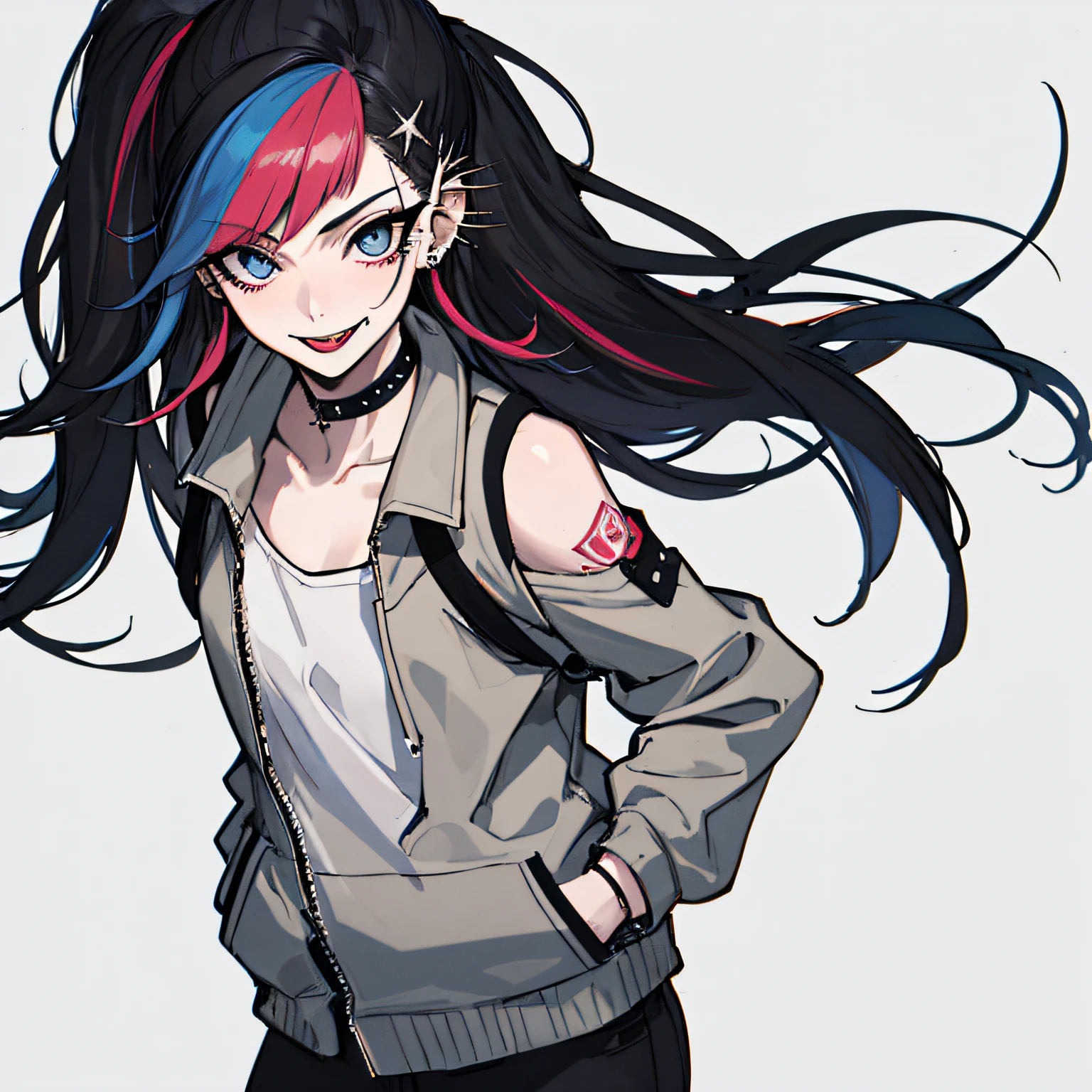 (absurdres, 8k, 4k, masterpiece, hyper extreme detailed:1.2), solo, 1girl, front view, perfect face, 1girl, portrait, expressive eyes, solo, standing, Female, perfect hands, pale skin, friendly, excited, punk rock, Long Hair, Multicolored Hair, black choker, black lipstick, Piercings, Ear Piercings, Lip Piercings, Nose Piercings, small Bust, smile, street clothing,  half body, perfect anatomy, hands in pockets, graphic t-skirt, anatomically correct, cowboy shot, no background, empty background, arms behind back, covered chest, white background, exposed shoulder,