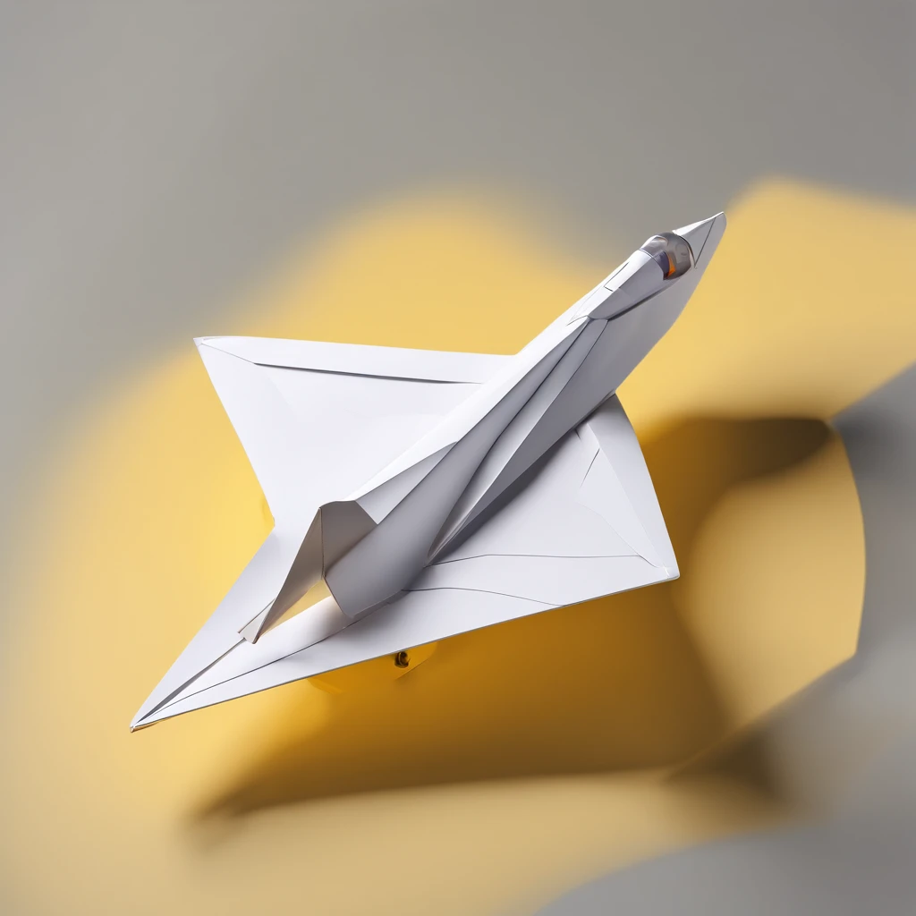 (a paper plane stay in holder, white background), yellow color, grey color, navy color, white color, simple lightning & shadow, 3/4 view camera