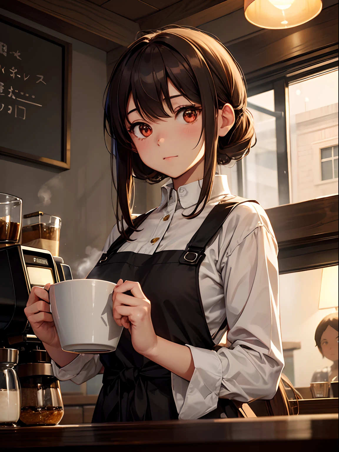 (masutepiece), Best Quality,  Girl working in coffee shop, She is making coffee in a machine, Coffee making, Perfect face, Expressive eyes, Brown Apron, Coffee shop from inside, Tied hair,Red Eyes, Cute Girl, Cozy, (Night), Realistic, 4K, Convoluted, Detailed, flowers in a vase, Cozy lights, Perfect Lighting, Traced light, Warm colors, Table chairs, Everyday life, Modern, Elegant, (relax vibe), peaceful, aromatic,Happy,happiness, (White hair), White shirt, barista, Soft, Brown hair band, humble,Delicate, Gentle, Night, Contrasty, Vivid colors, Bokeh, (The perfect coffee machine), state, (Soft), Glow, Glowing eyes

Break she's making coffee, There is a table with cups on the left, There is a coffee machine on the table, Steam is coming out of the cup, Delicious coffee
, Kumis,