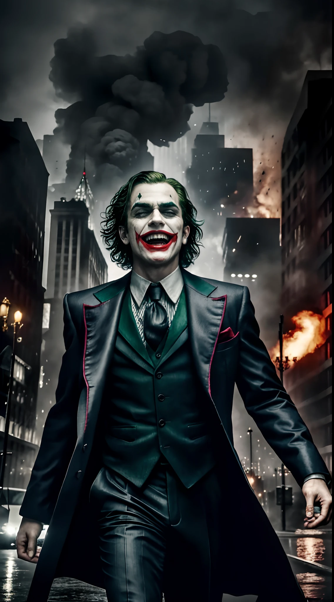 masterpiece, best quality, realistic,dynamic shot of Joker,laughing,upper body DC universe cinematic, detailed face, 8k, uhd, sharp focus,Gotham City background，ruined city,Explosion everywhere,watfire everywhere,rain,fierce wind