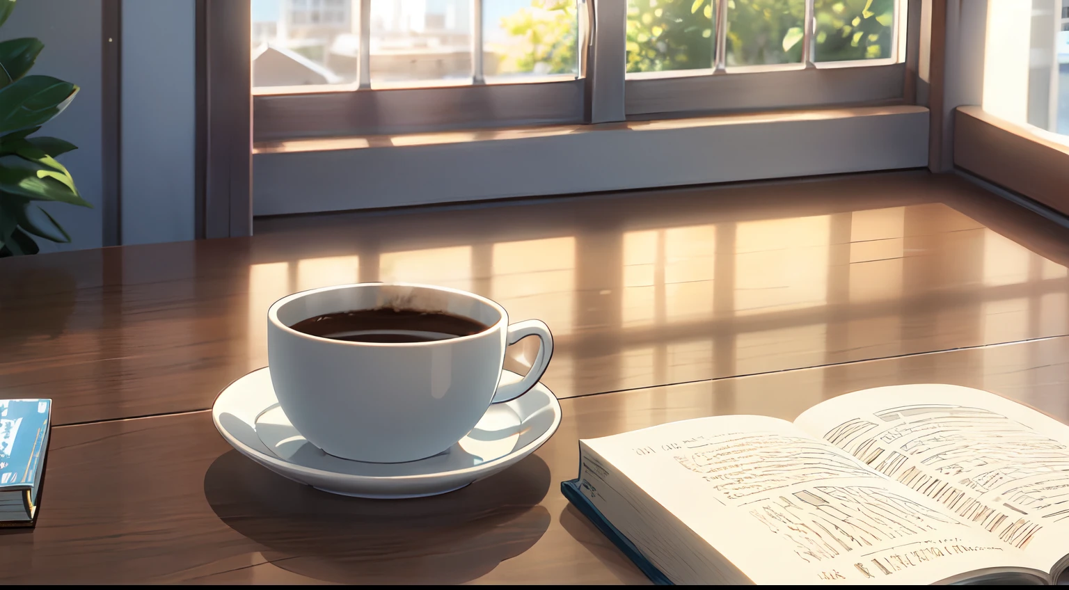 masterpiece, indoor, home, morning window, close up window, coffee on desk, book, SHINKAI MAKOTO, sunlight