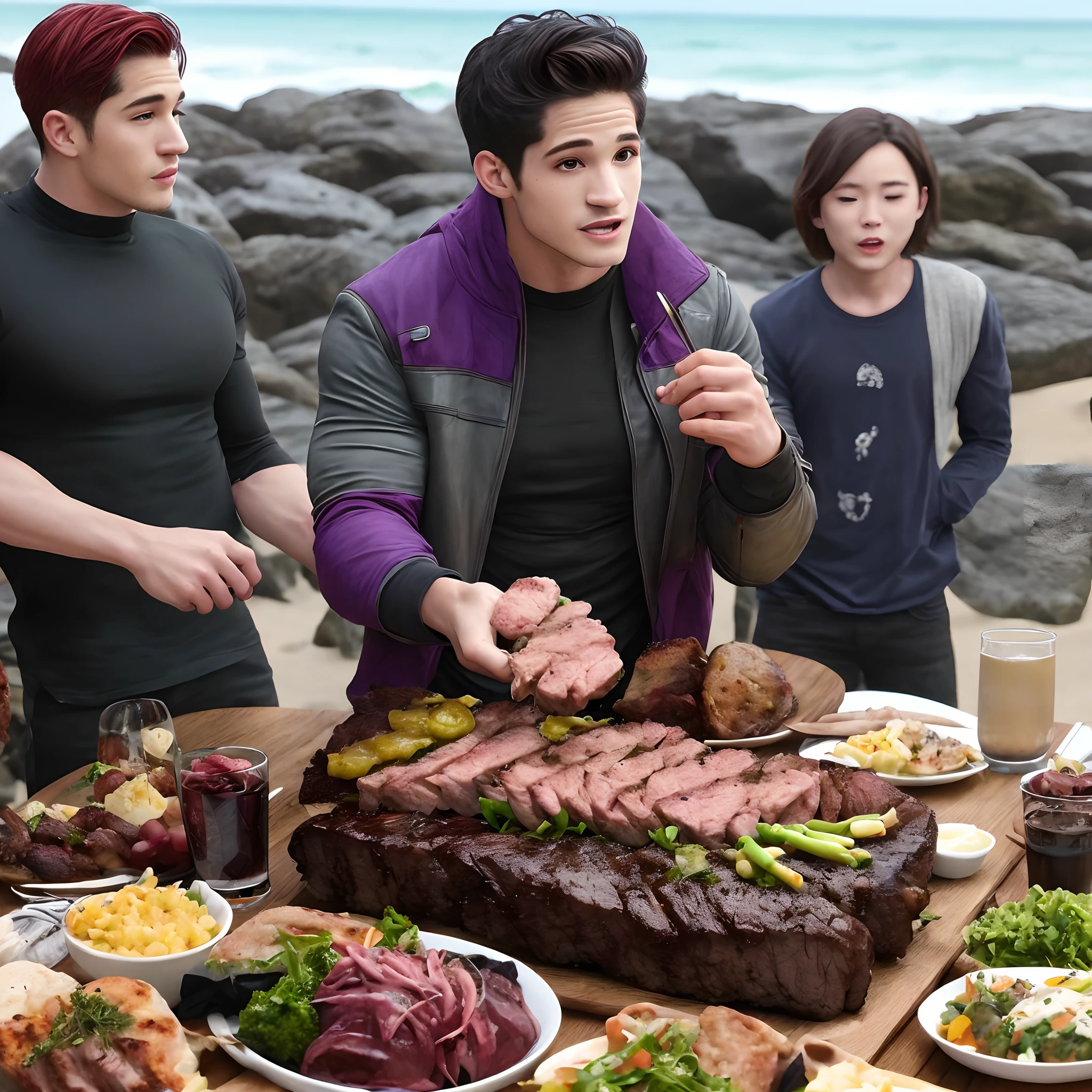Ator Tyler Posey comendo churrasco ao lado do thanos na praia