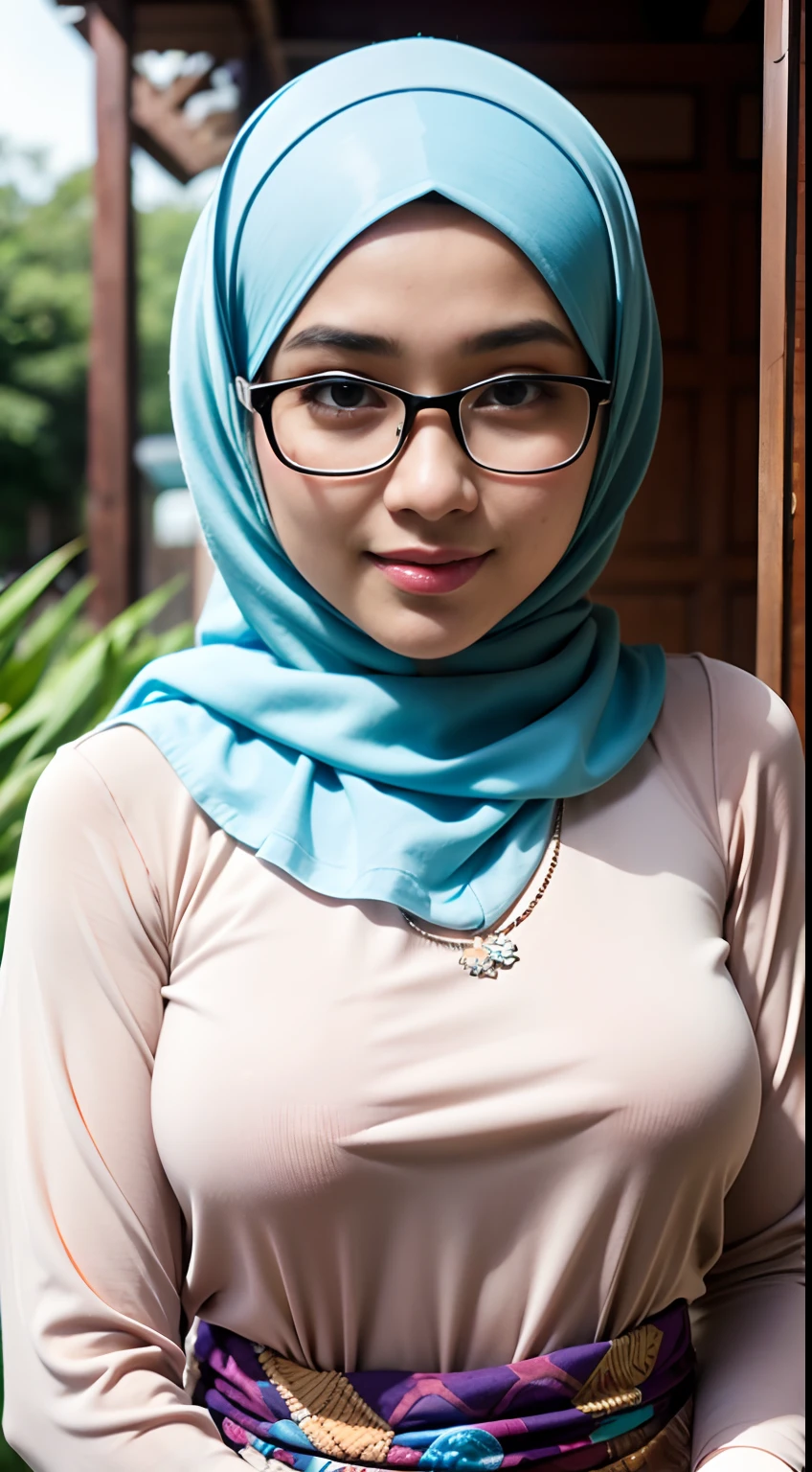 1 malay girl, modern plain hijab, shy, medium portrait, watery eyes, (iu:0.6), RAW, Best quality, high resolution, Masterpiece: 1.3, Beautiful glasses javanese woman in colorful hijab, Masterpiece, Perfect slim body, big breast, Beautiful big eyes, Soft smile, Wearing open chest batik