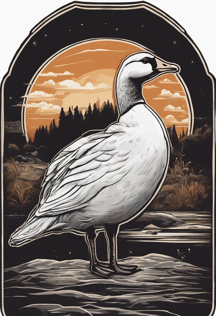/imagine prompt: House goose illustration with black background sticker,White goose Bold outline style, Jagged edges, Trash core, Light Shadow --V 5.2